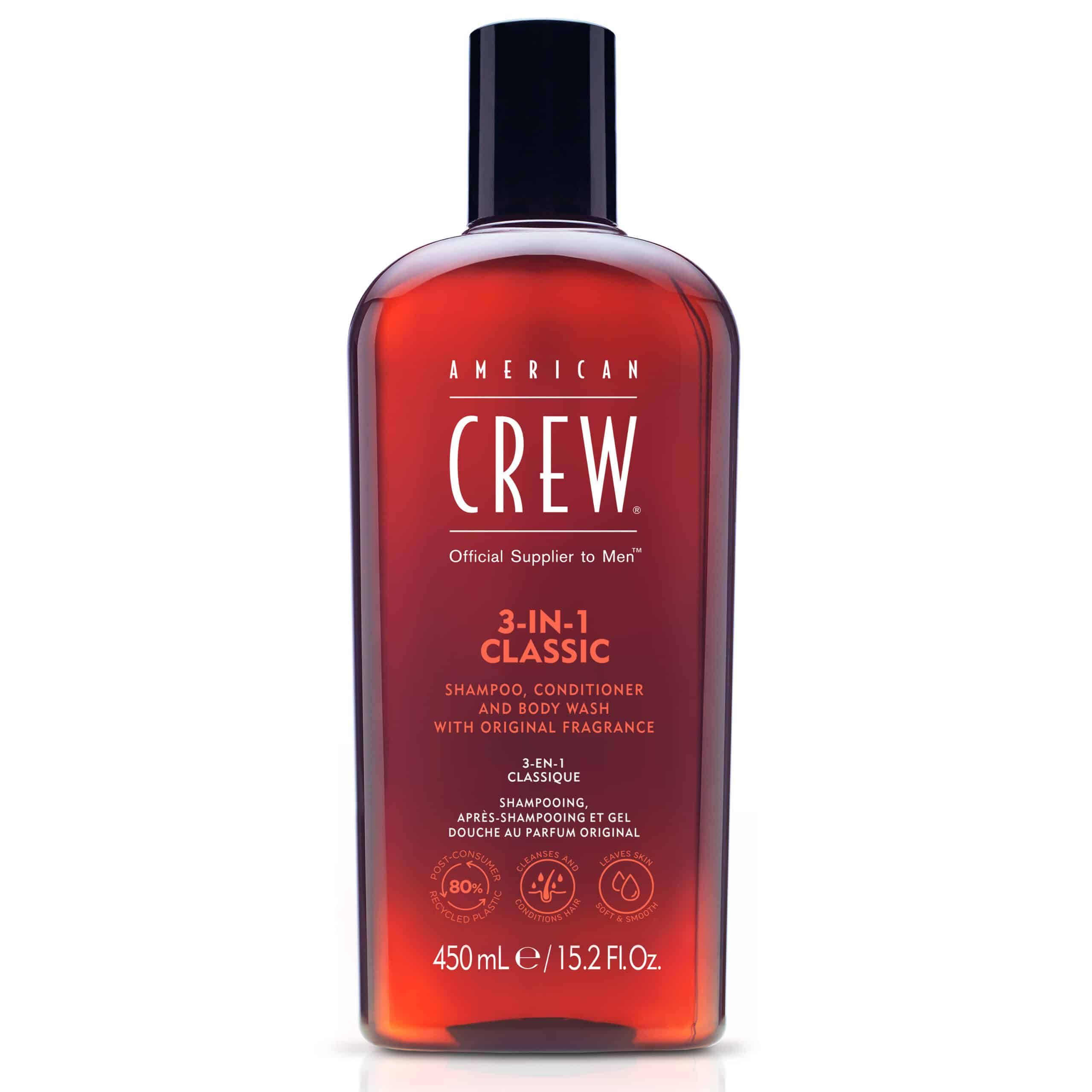 Braune Flasche AMERICAN CREW 3-in-1 Classic. Schwarzer Deckel. Text: 450 ml / 15.2 FL.OZ.