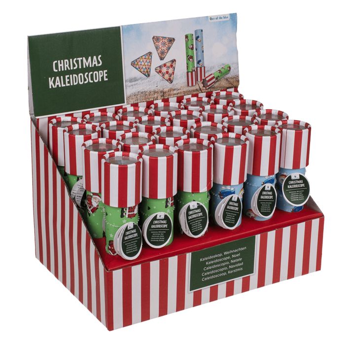 Verkaufsdisplay mit Kaleidoskopen. Die Verpackung zeigt rot-weiße Streifen und das Produktlogo. Mehrere Kaleidoskope sind sichtbar.