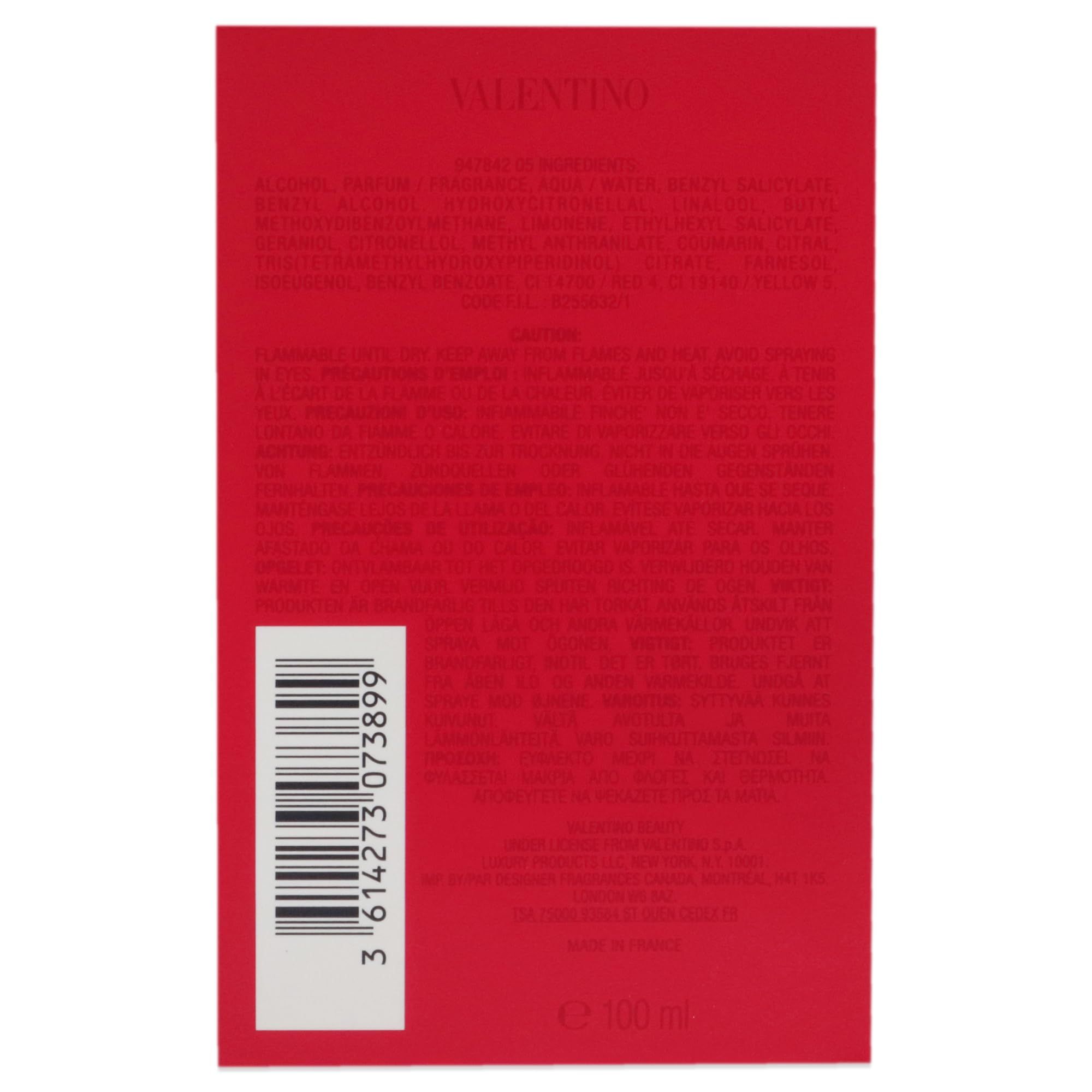 Rückseite der roten Verpackung. Text mit Inhaltsstoffen und Warnhinweisen. Barcode.