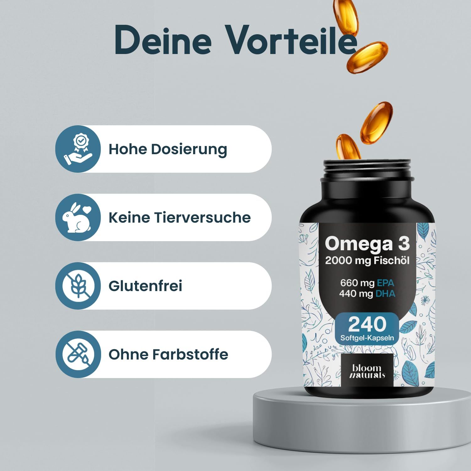 Omega 3 Fischöl - 240 Kapseln - 2000 mg Fischöl - 660 mg EPA & 440 mg DHA - Bloom Naturals