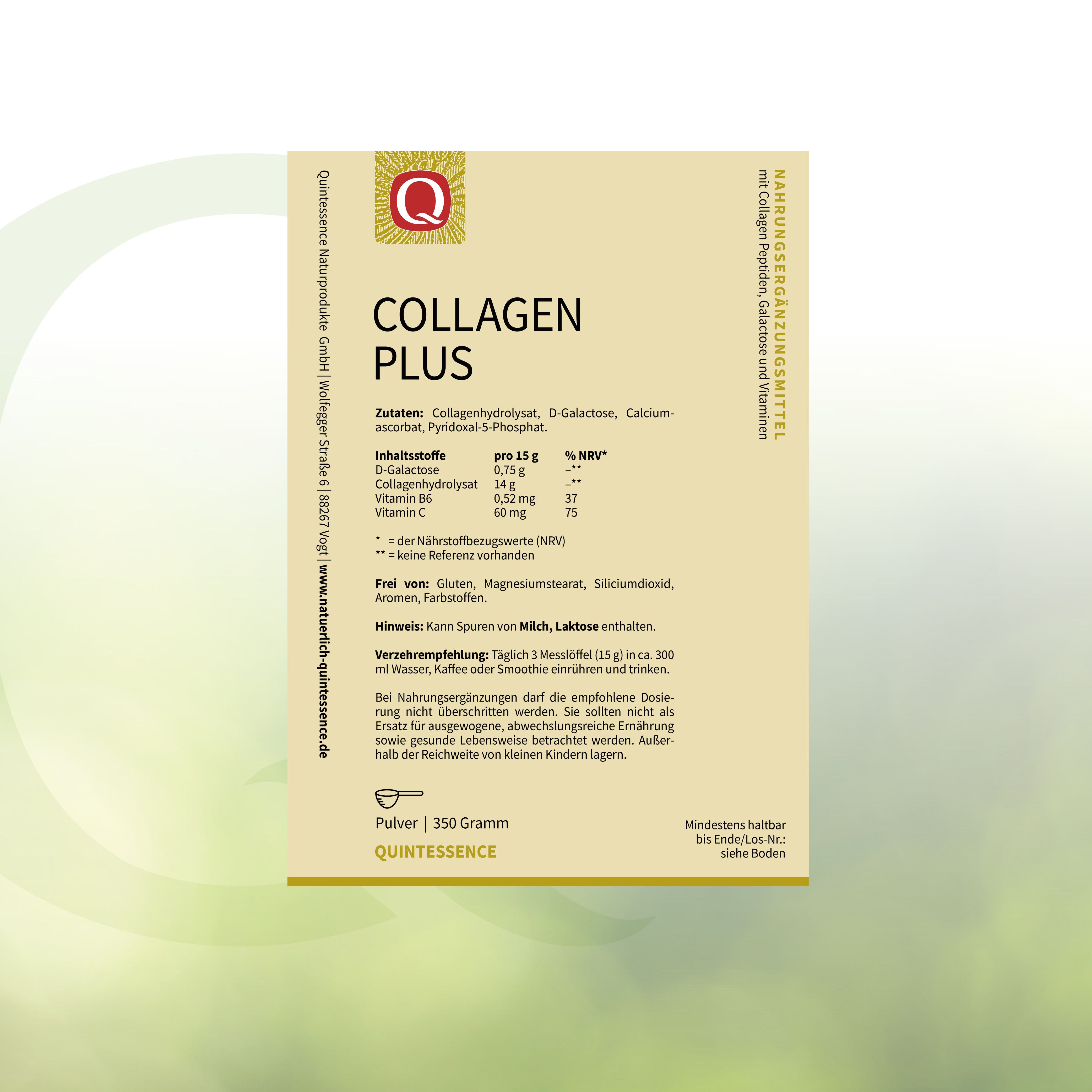 Produktverpackung mit Produktinformationen. Aufschrift: Collagen Plus. Zutatenliste, Nährwertangaben. Marke: Quintessence.