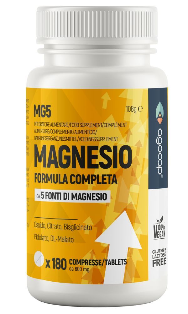 Weißes Flaschen mit gelbem Etikett. Aufschrift: Magnesio, 5 fonti di magnesio, 180 compresse. Vegan, gluten- und laktosefrei.