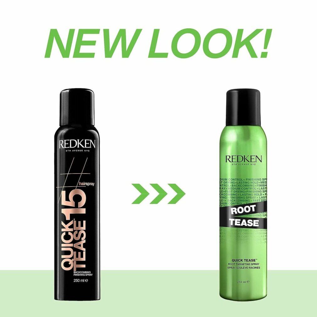 Grüne Sprühflasche mit schwarzem Deckel. Aufschrift: Redken Root Tease Quick Tease. 189 g.