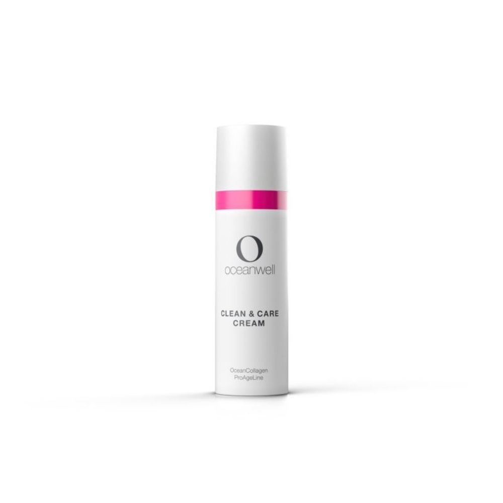 Weiße Creme-Tube mit pinkfarbenem Band. Aufschrift: Oceanwell, Clean & Care Cream, OceanCollagen ProAgeLine.