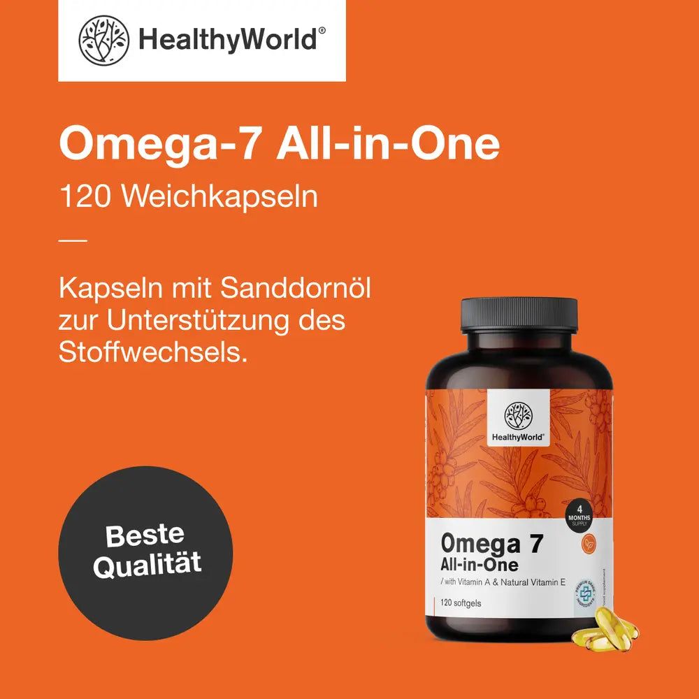 Produktabbildung von Omega-7 All-in-One Kapseln. Aufschrift: HealthyWorld, 120 Weichkapseln. Beste Qualität.
