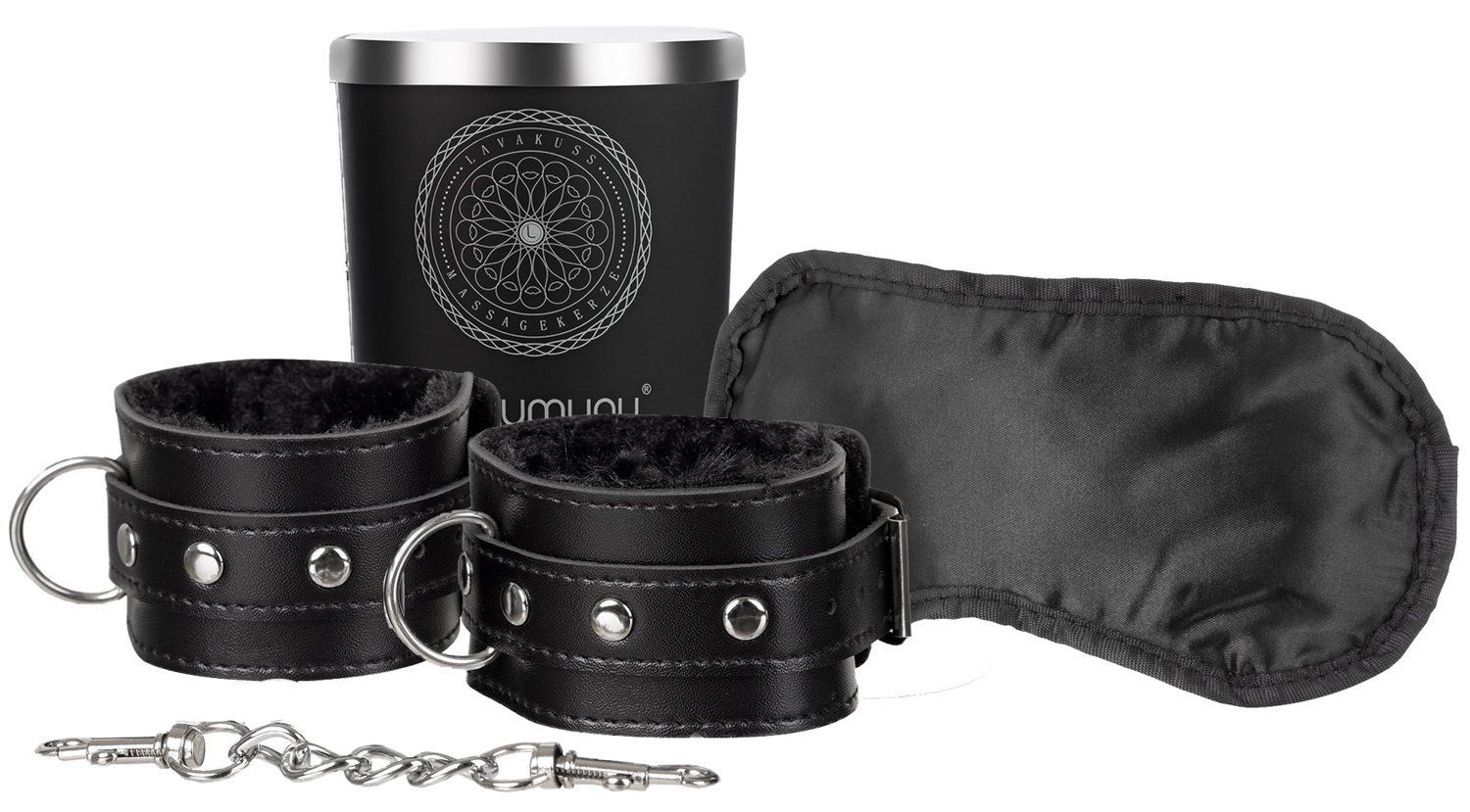 Schwarzes Set mit Hand- und Fußfesseln, Augenbinde und Kerze. Handfesseln aus Leder mit Fellfutter. Kerze mit Logo.