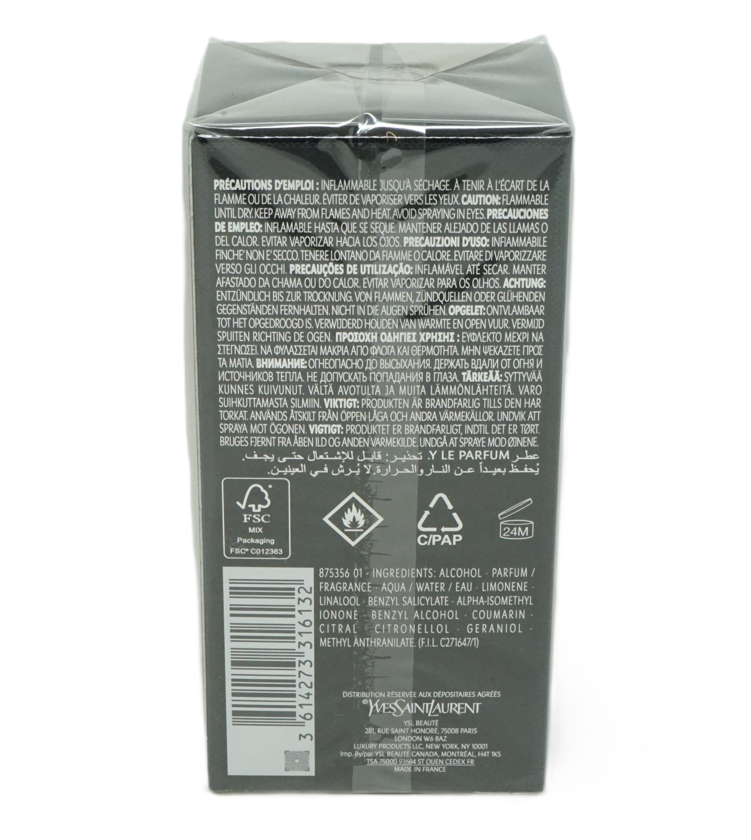 Rückseite der Verpackung. Text in mehreren Sprachen. FSC-Logo. Barcode und Inhaltsstoffe. 'Yves Saint Laurent'.