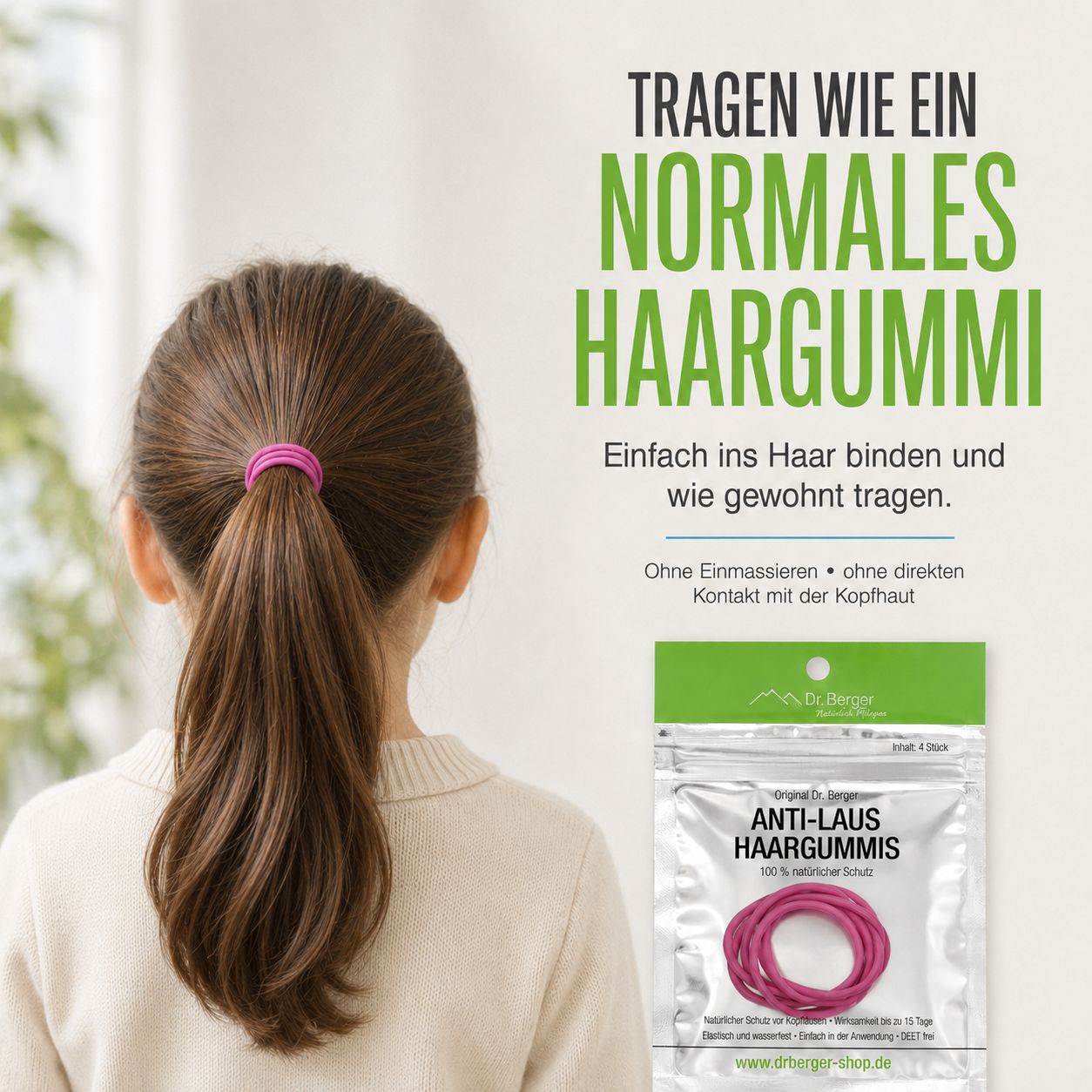 Rückansicht eines Mädchens mit Pferdeschwanz, gehalten von einem pinken Anti-Laus-Haargummi.