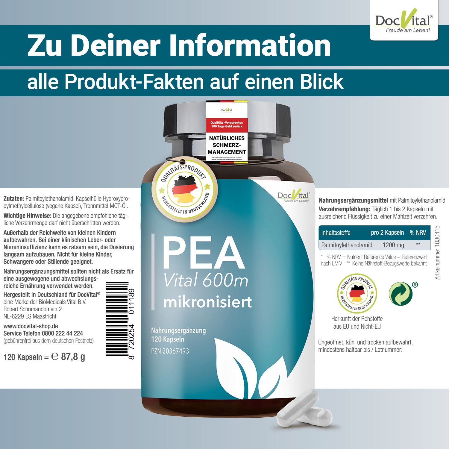 Flasche PEA Vital 600m, 120 Kapseln. Text: Zu Deiner Information alle Produkt-Fakten auf einen Blick. Weiße Kapseln.
