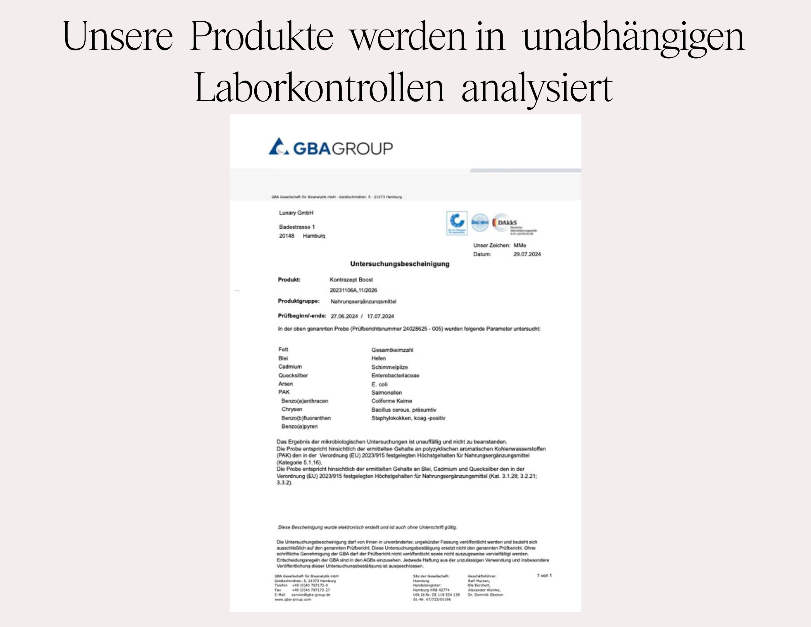 Text: Unsere Produkte werden in unabhängigen Laborkontrollen analysiert. GBA GROUP Logo. Laborbericht mit Testergebnissen.
