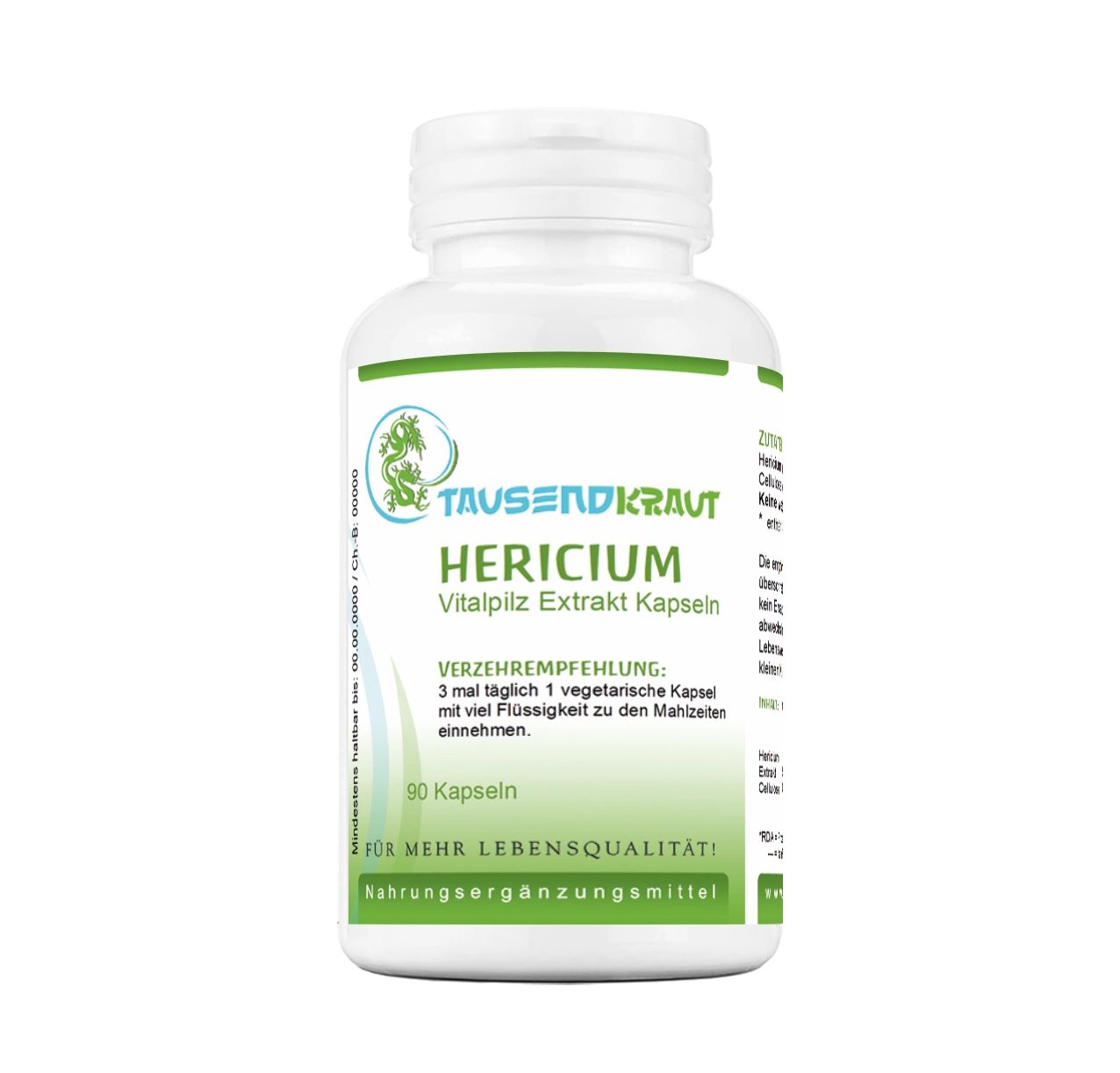 Weiße Flasche mit grüner Beschriftung. Enthält Kapseln. Text: Hericium Vitalpilz Extrakt Kapseln. Nahrungsergänzungsmittel.