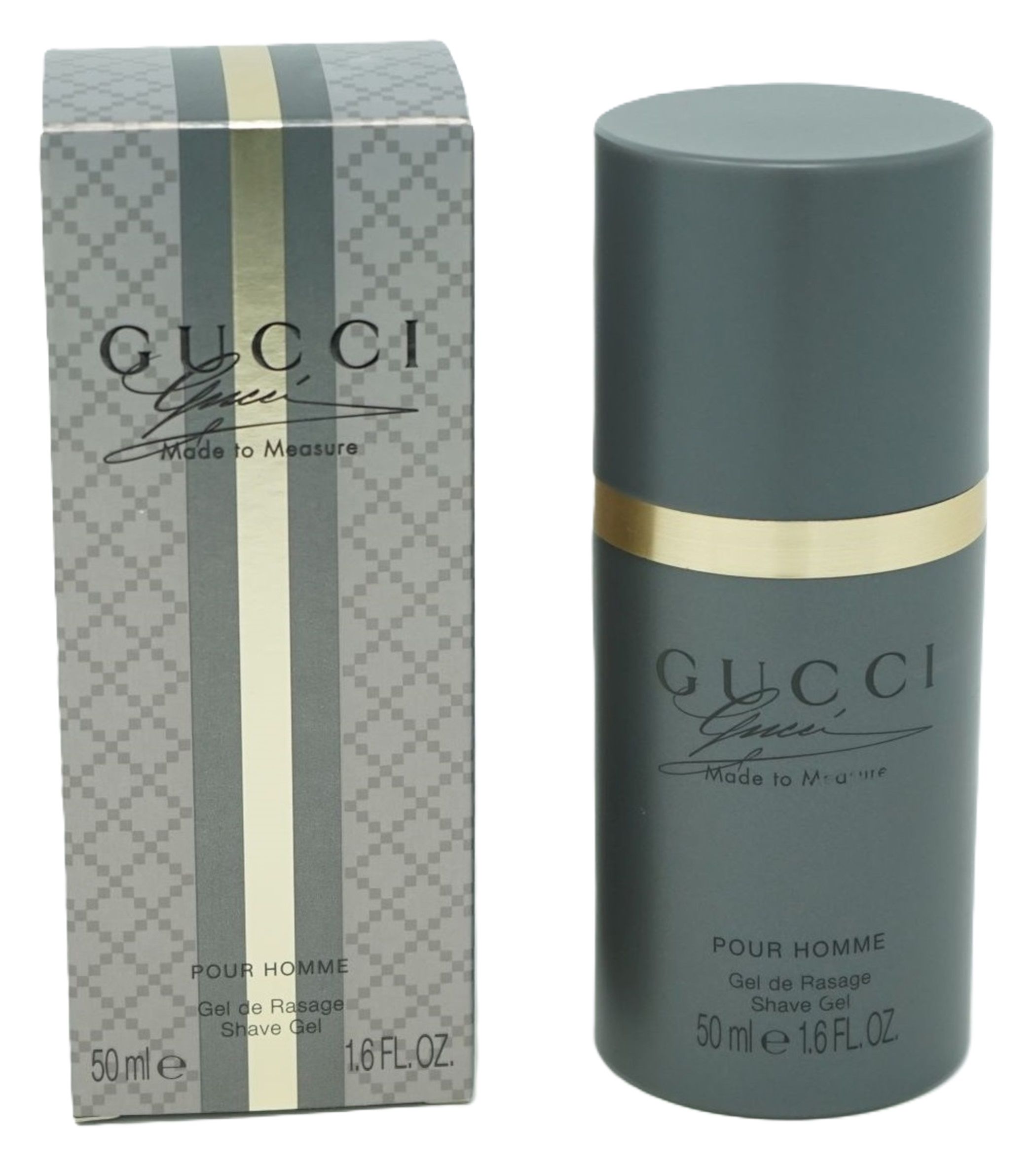 Graue Shave Gel-Flasche und Verpackung. Goldener Streifen. Schriftzug: GUCCI, Made to Measure, POUR HOMME, Gel de Rasage, Shave Gel.
