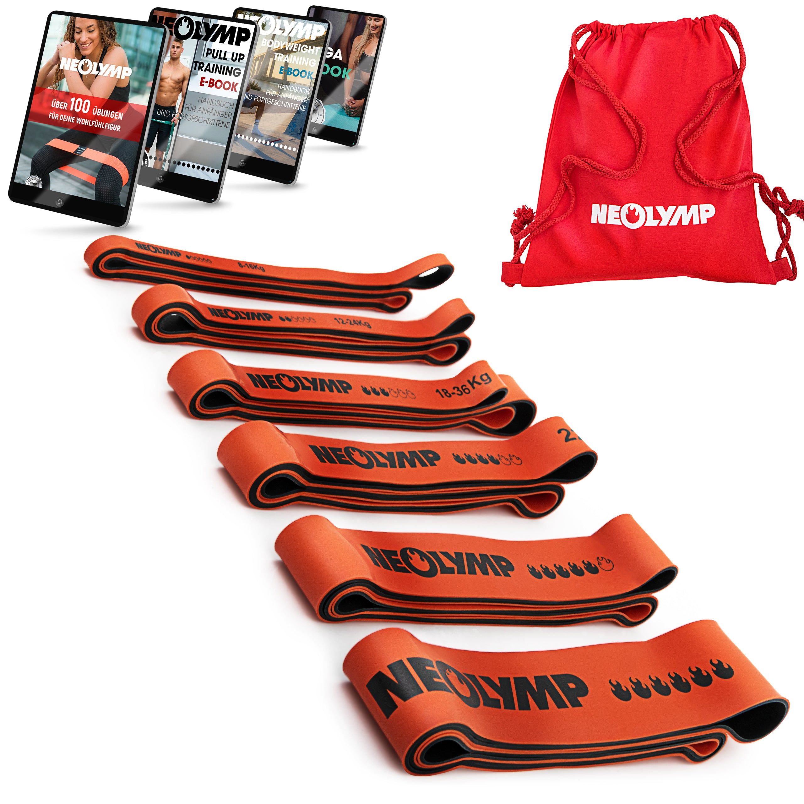 Set aus orangefarbenen Widerstandsbändern, roter Beutel mit Logo, digitale Trainings-E-Books. Marke: NEOLYMP.