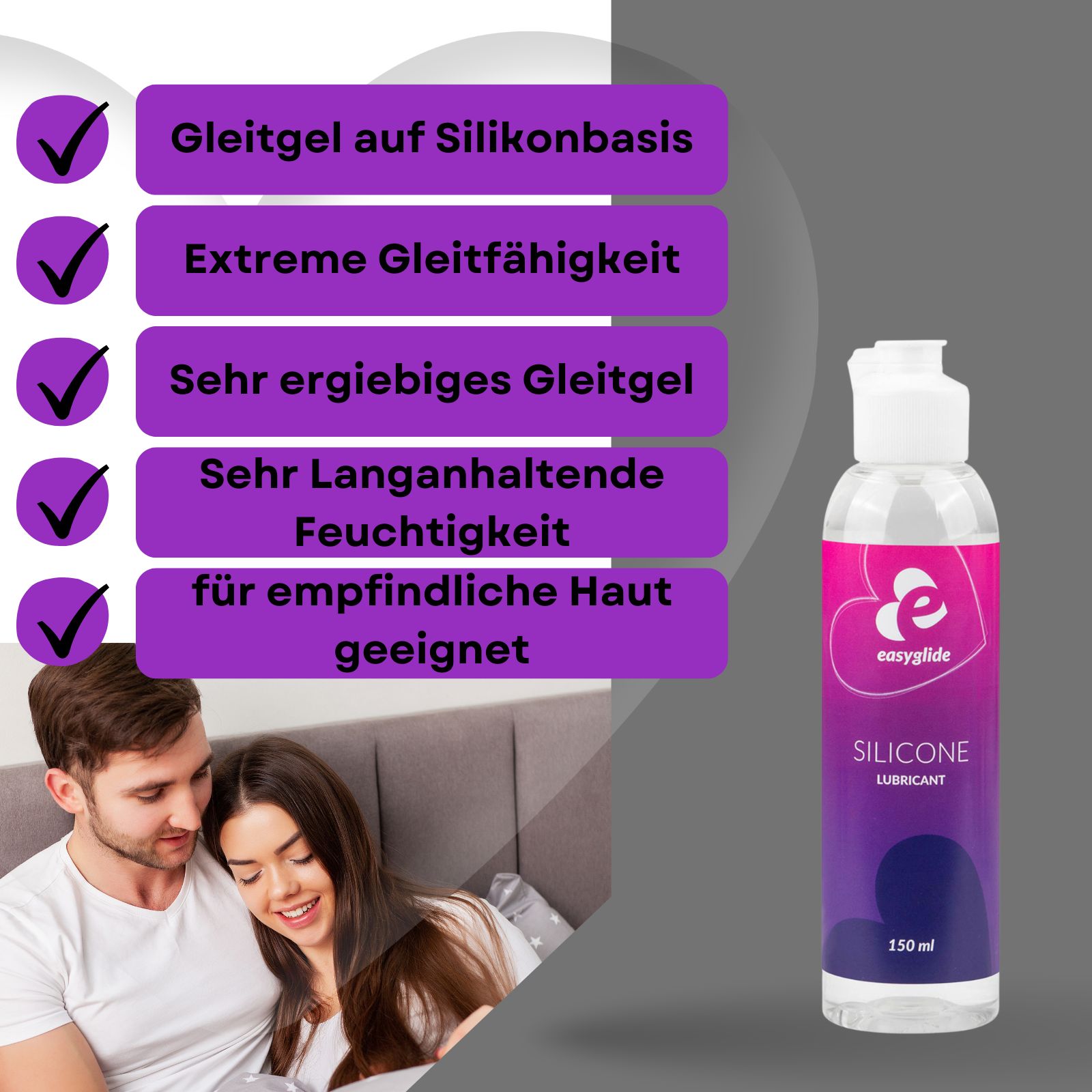Flasche mit weißem Deckel. Aufdruck: easyglide, SILICONE LUBRICANT, 150 ml. Farbverlauf von Pink nach Lila. Paar.