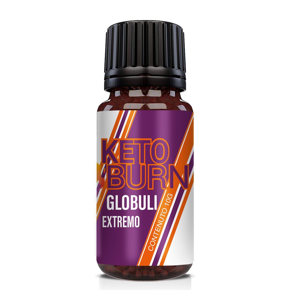 Flacone di vetro marrone con tappo nero. Etichetta con "Keto Burn Globuli Extremo" e indicazione del contenuto. Accenti viola, arancioni e bianchi.