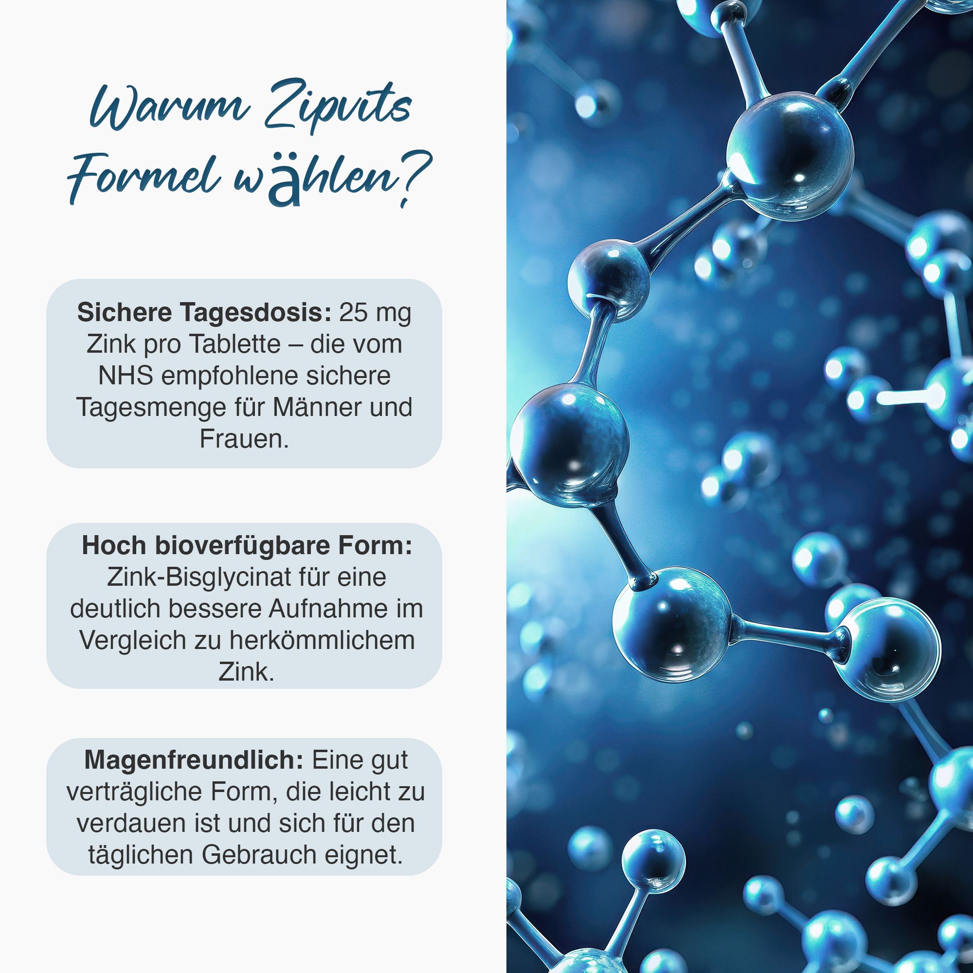 Text mit Informationen zu Zink-Bisglycinat. Enthält Informationen zu Dosierung, Bioverfügbarkeit und Verträglichkeit.