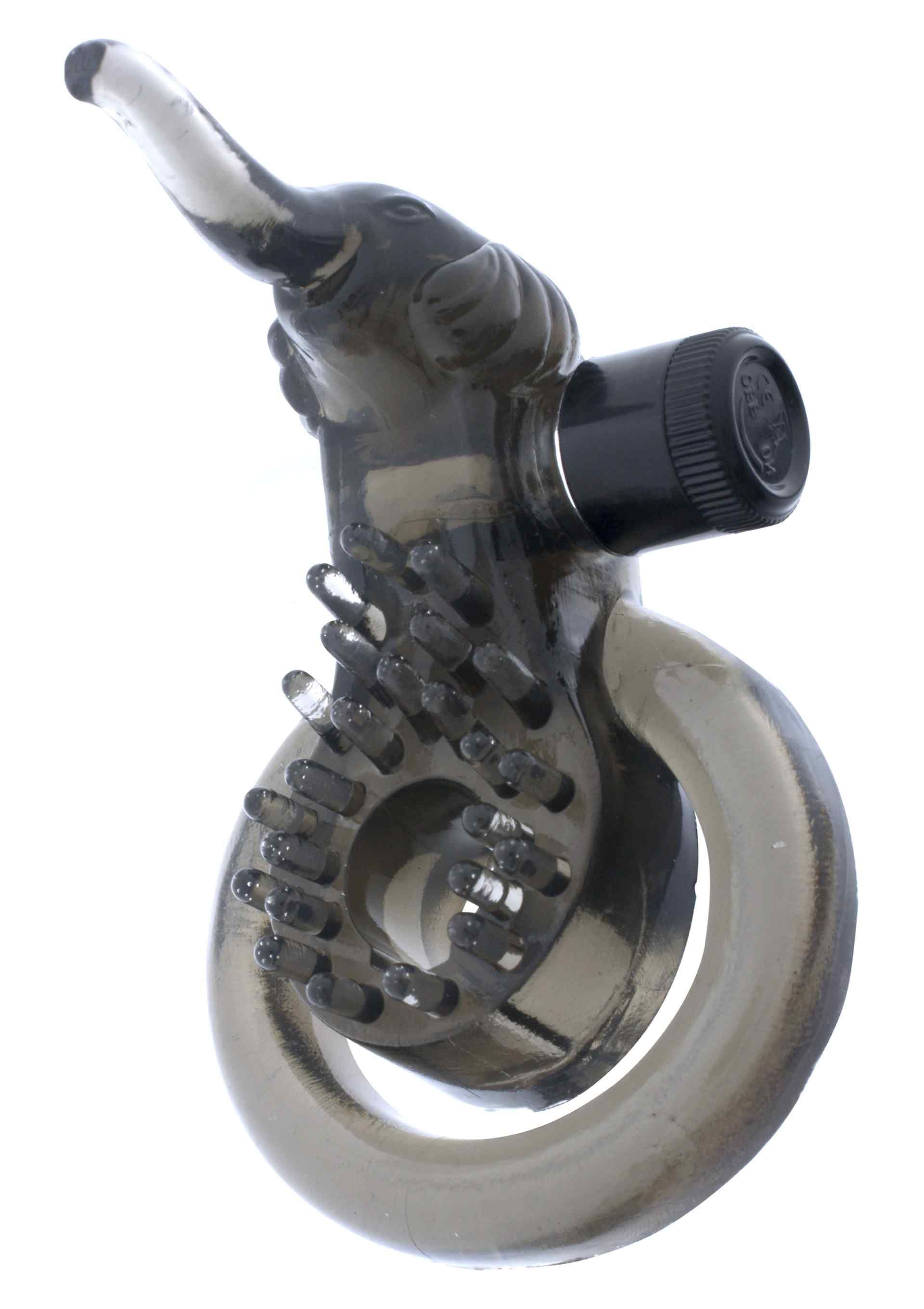 Transparentes Cock & Ball Ring Elephant. Mit Elefantenkopf-Design und Noppen. Schwarzer Vibratoraufsatz. Ringförmige Basis.