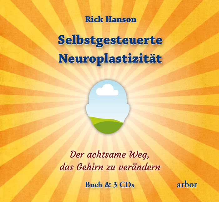 Buchcover mit Titel "Selbstgesteuerte Neuroplastizität" von Rick Hanson. Enthält Buch und 3 CDs. Logo: Kopf mit Landschaft.