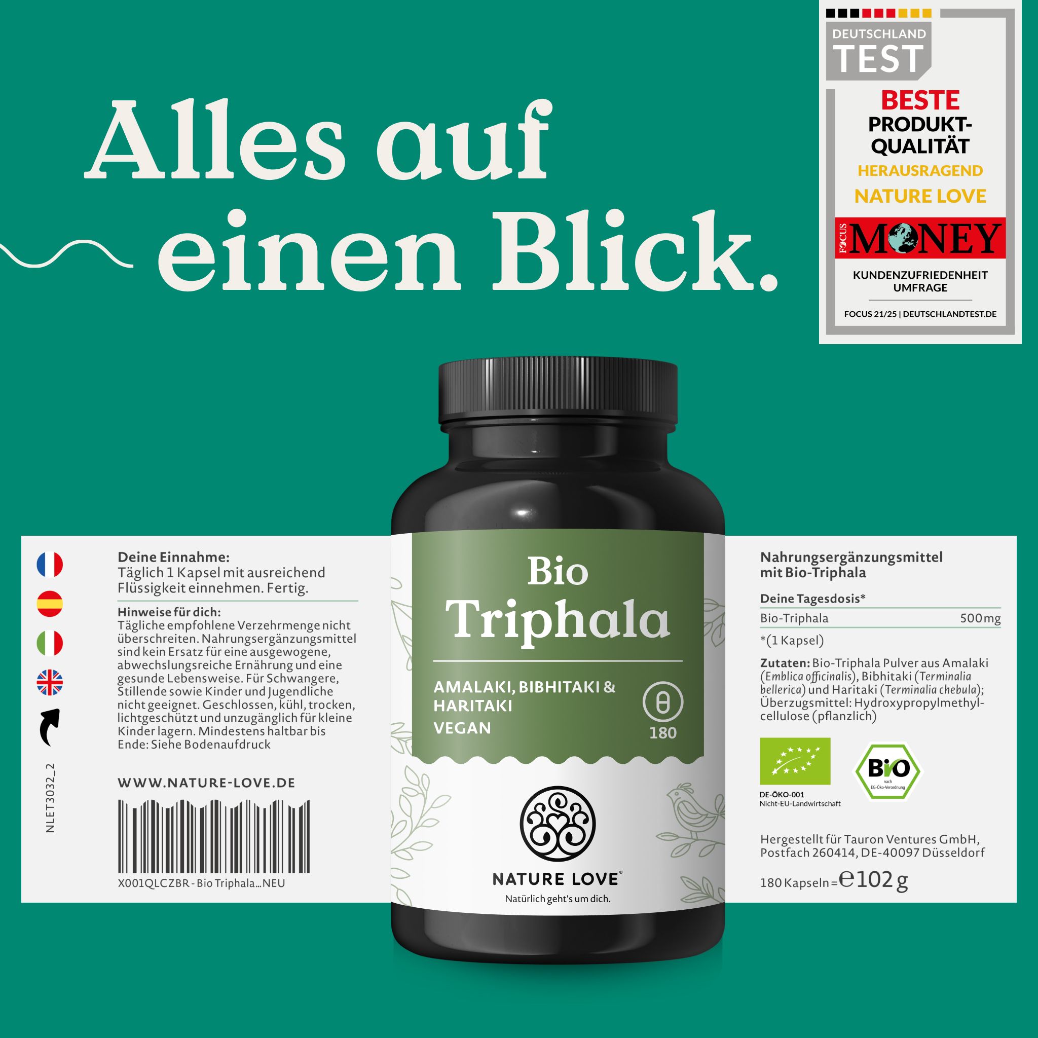 Dunkle Dose 'Bio Triphala' mit Etikett und Beipackzettel. Enthält 180 Kapseln.