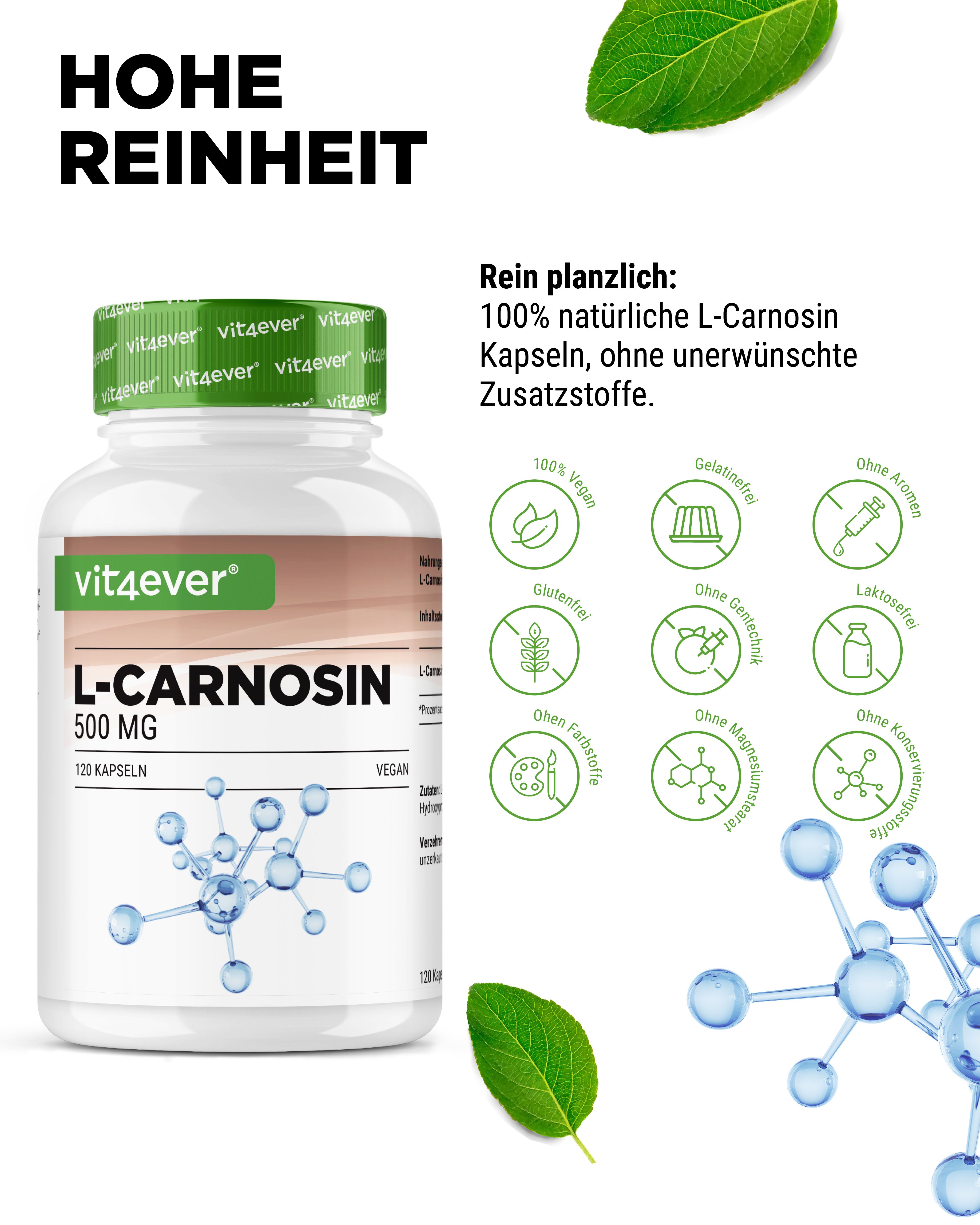 Weiße Flasche L-Carnosin 500 mg, 120 Kapseln. Grüne Kappe. Logos: 100% vegan, glutenfrei, ohne Aromen, ohne Farbstoffe, ohne Laktose.