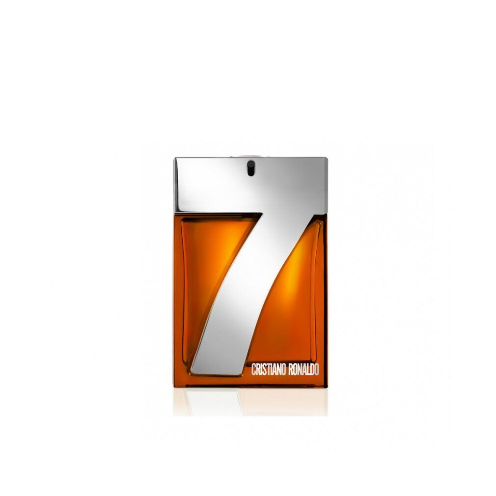 Eau de Toilette-Flakon. Orangefarben, silberner Deckel, weißes '7'.