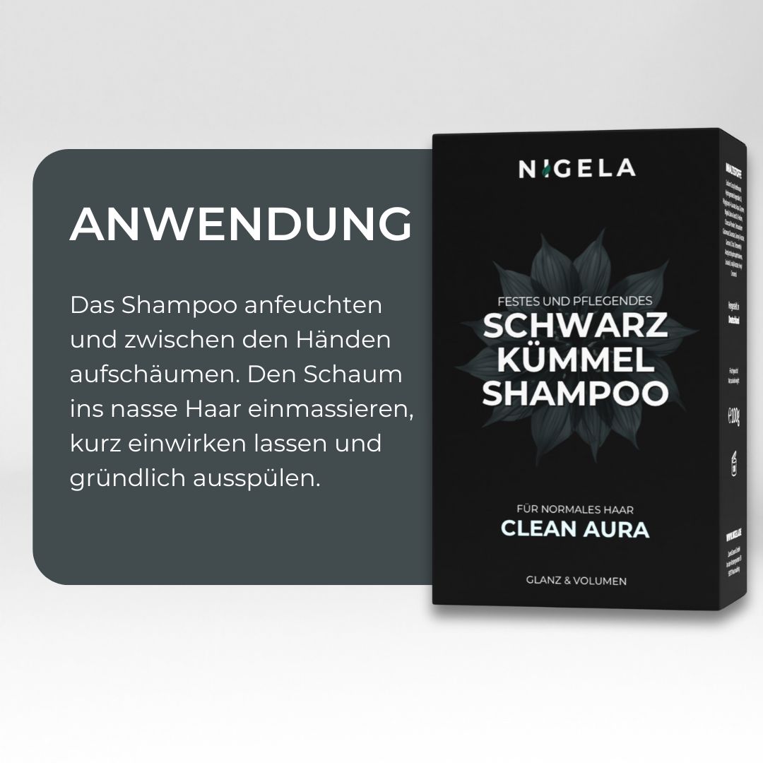 Schwarze Schachtel mit Nigela-Logo und Text: Festes und pflegendes Schwarzkümmel Shampoo. Anwendungshinweise.