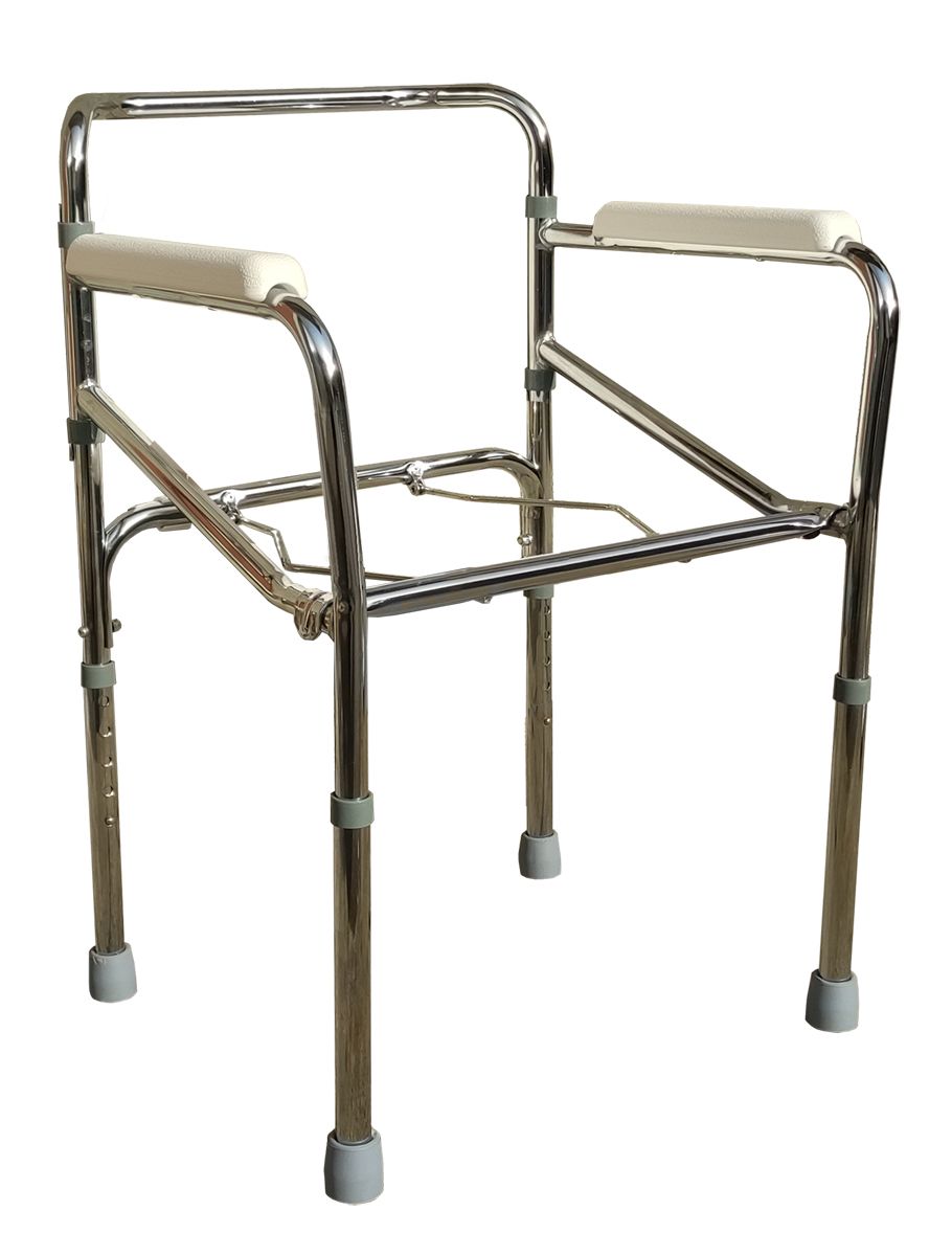 Metallrahmen-Toilettenstuhl ohne Sitz und Eimer. Armlehnen, höhenverstellbare Beine.