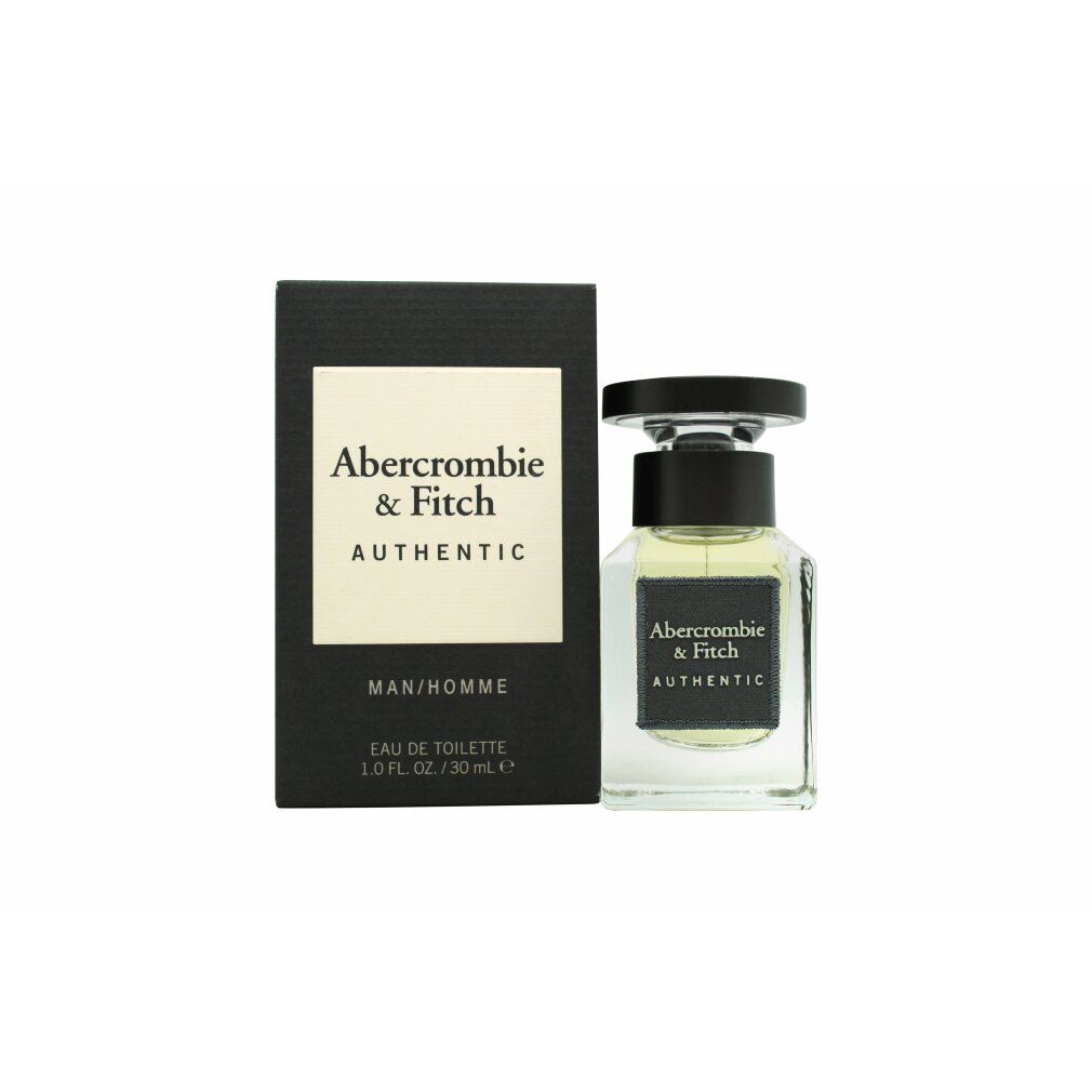 Flakon mit schwarzem Verschluss und rechteckiger Verpackung. Aufschrift: Abercrombie & Fitch AUTHENTIC MAN/HOMME.