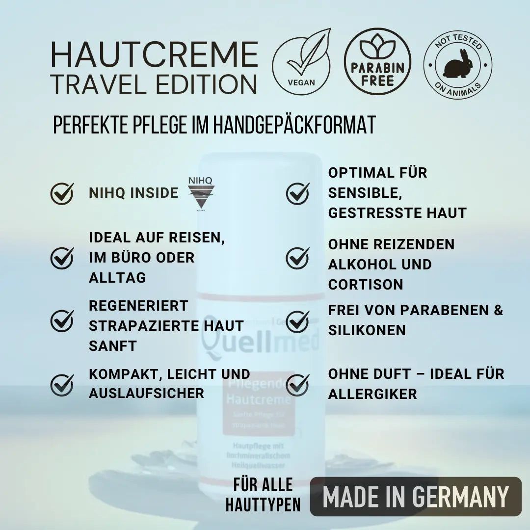 Produktflasche mit Text. Aufschrift: Hautcreme Travel Edition. Vegan, parabenfrei, nicht an Tieren getestet. Made in Germany.