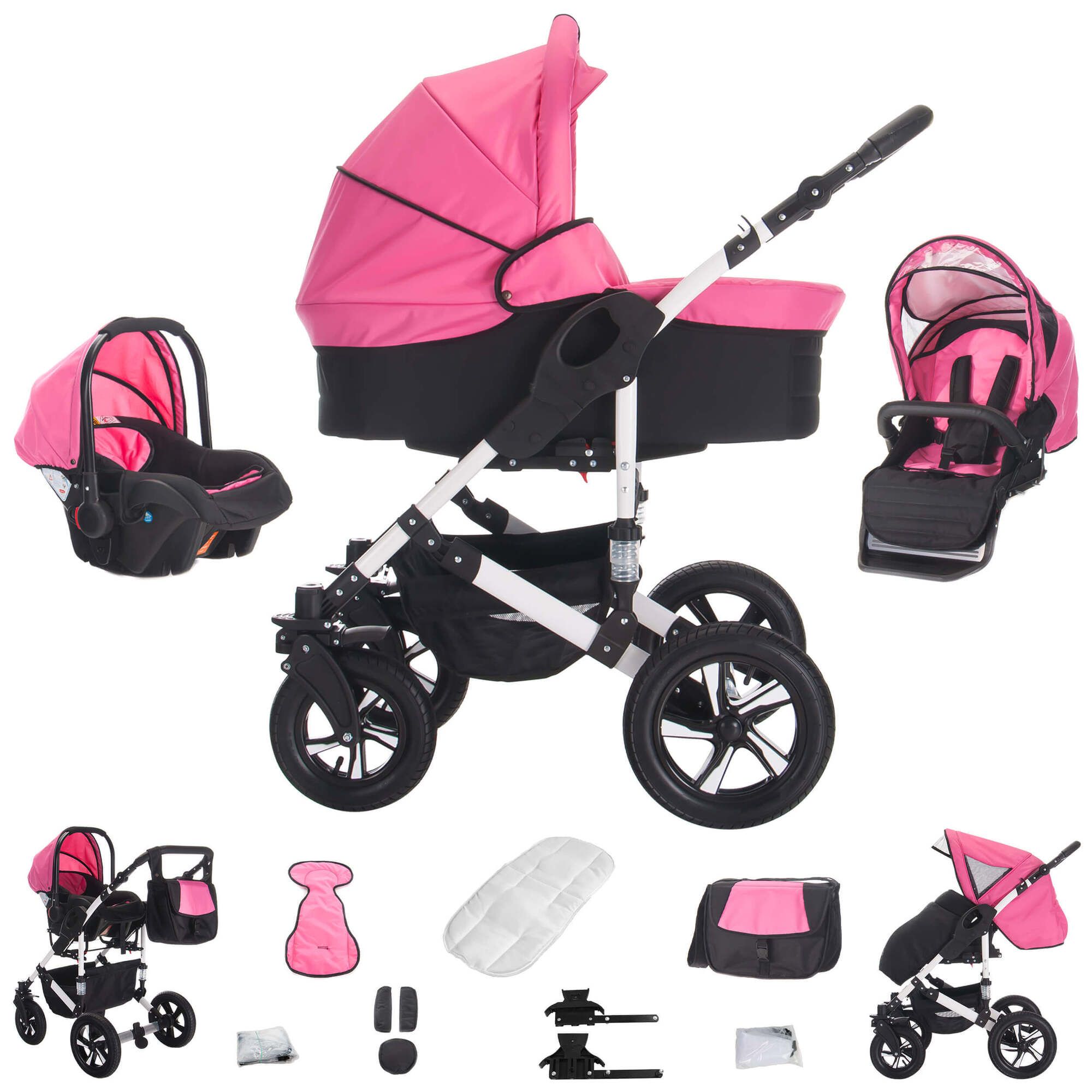 Kinderwagen-Set, rosa/schwarz. Enthält Babywanne, Sportsitz, Babyschale und Zubehör. Hartgummireifen, weißes Gestell.