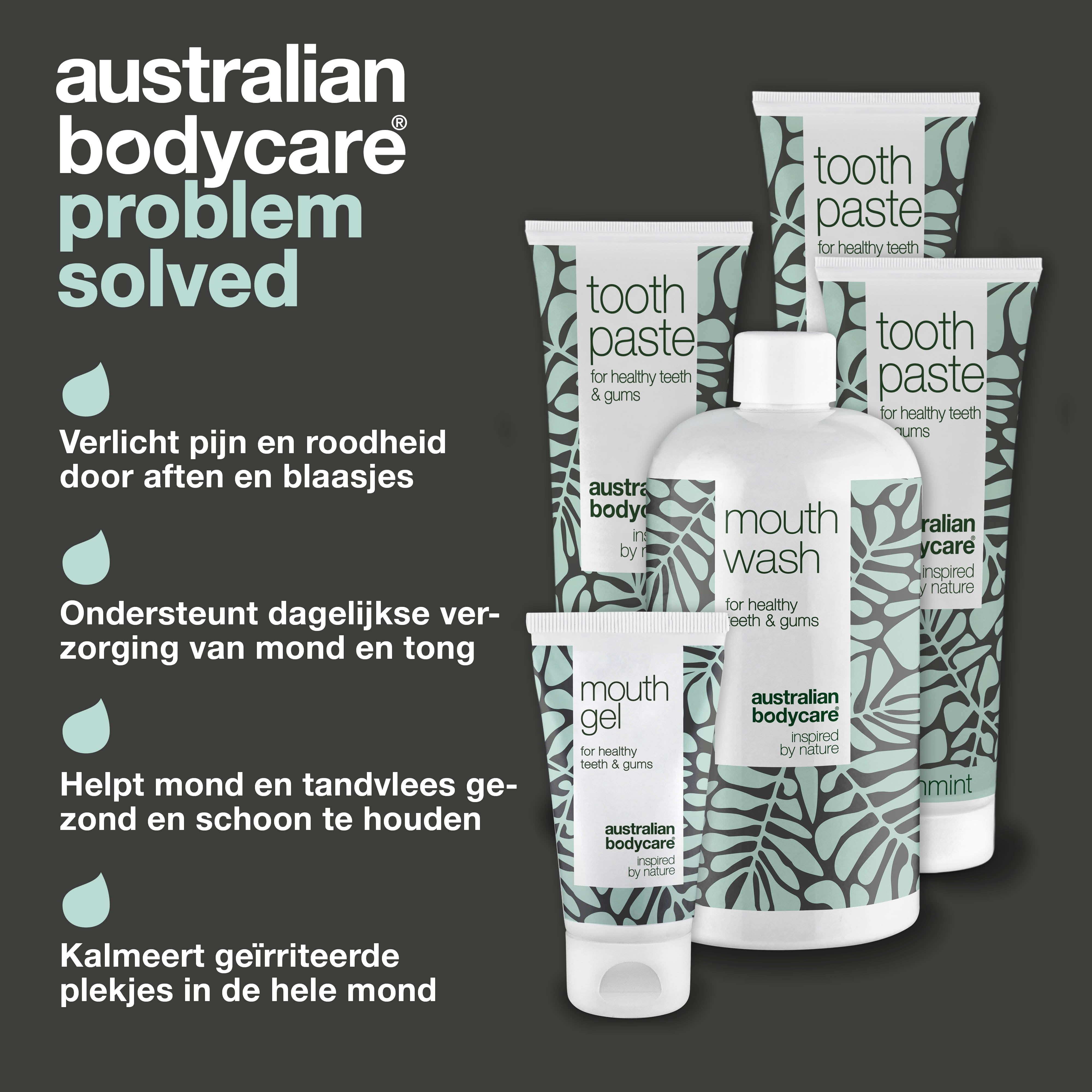 Een afbeelding die de voordelen van mondverzorgingsproducten laat zien. Producten zijn mondwater, tandpasta en mondgel.