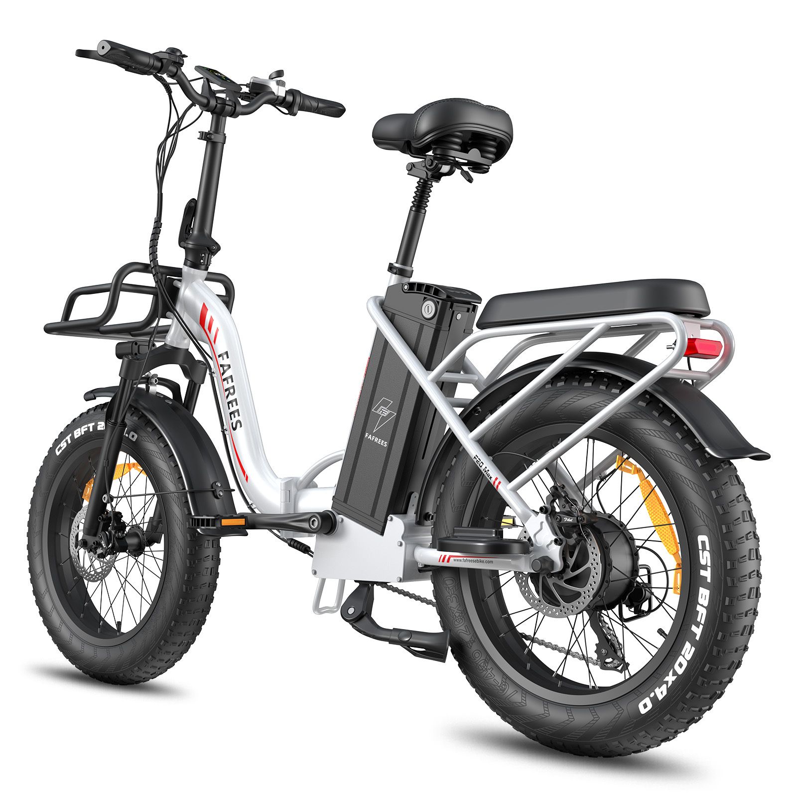 Falt-E-Bike mit weißem Rahmen, schwarzem Sattel und Reifen. FAFREES-Logo sichtbar. Gepäckträger.