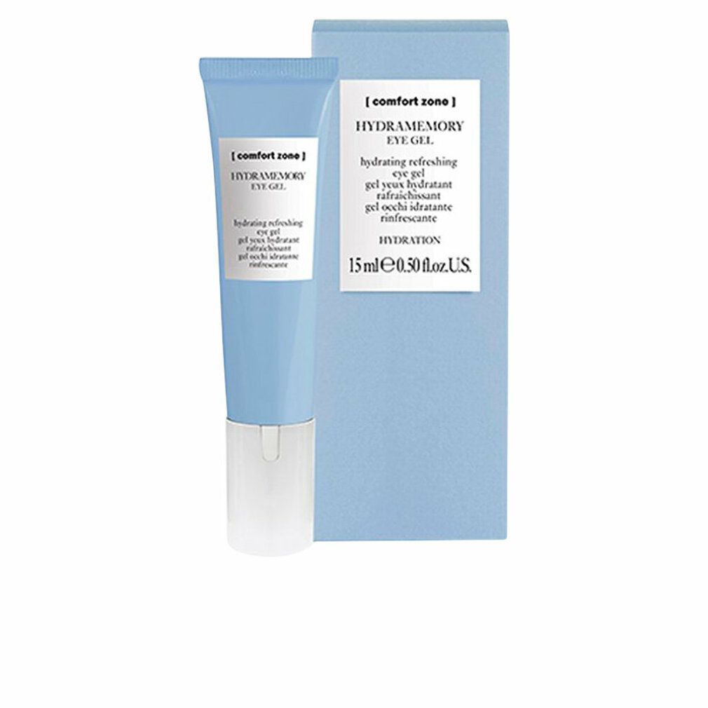 Hellblau Tube und Schachtel. Aufschrift: Comfort Zone Hydramemory Eye Gel. 15ml/0.50 fl.oz.US. Hydratisierendes, erfrischendes Augengel.
