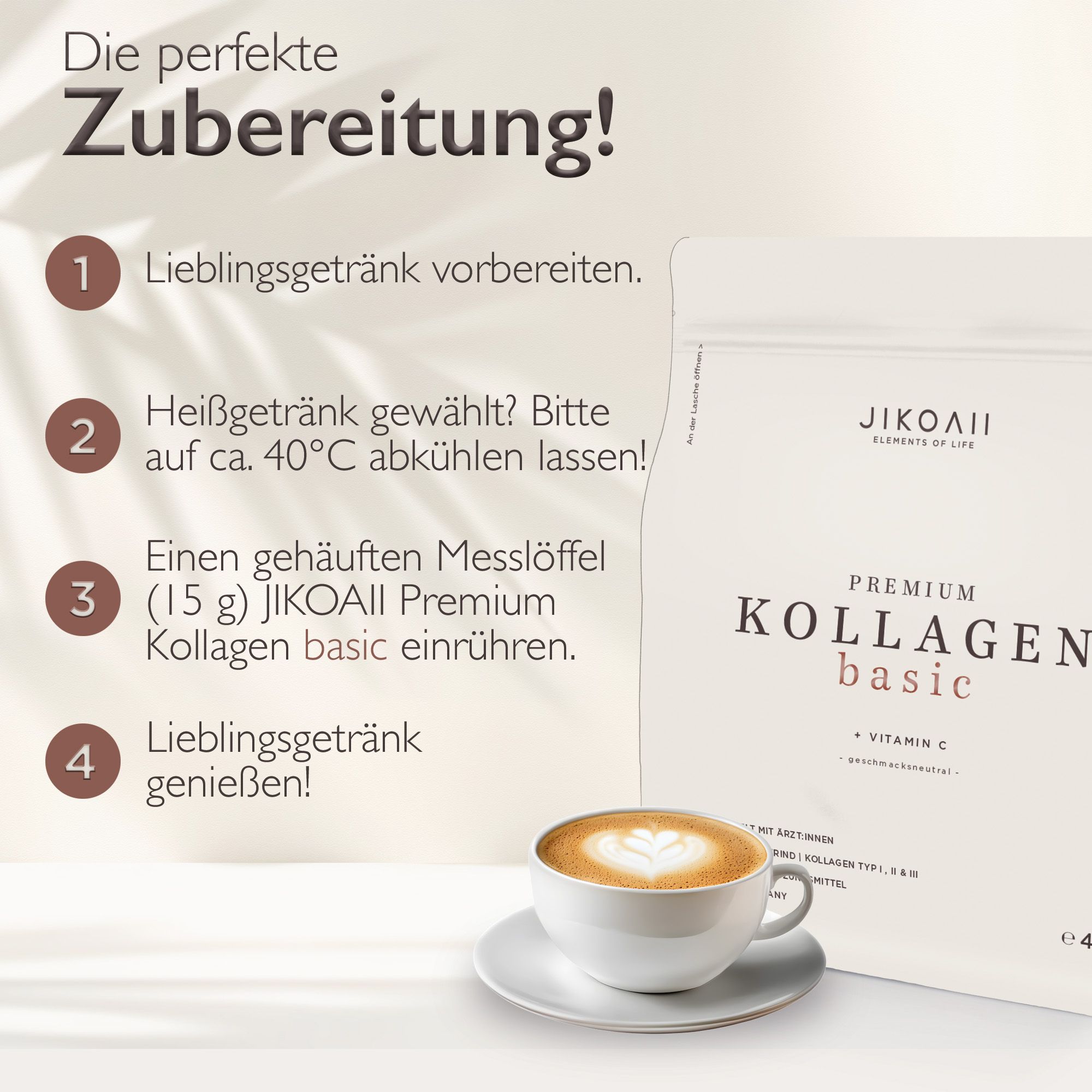 Anleitung zur Zubereitung von JIKOAII Kollagen Pulver. Schritte: Getränk zubereiten, abkühlen, Pulver einrühren, genießen. Mit Kaffee.