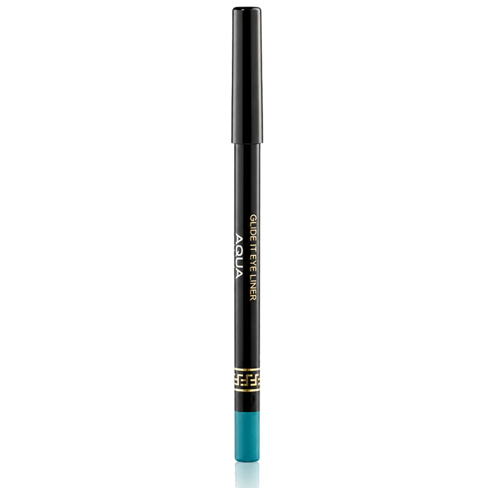 Schwarzer Kajalstift mit türkisfarbener Spitze und goldener Zierleiste. Beschriftung: AQUA GLIDE IT EYE LINER.