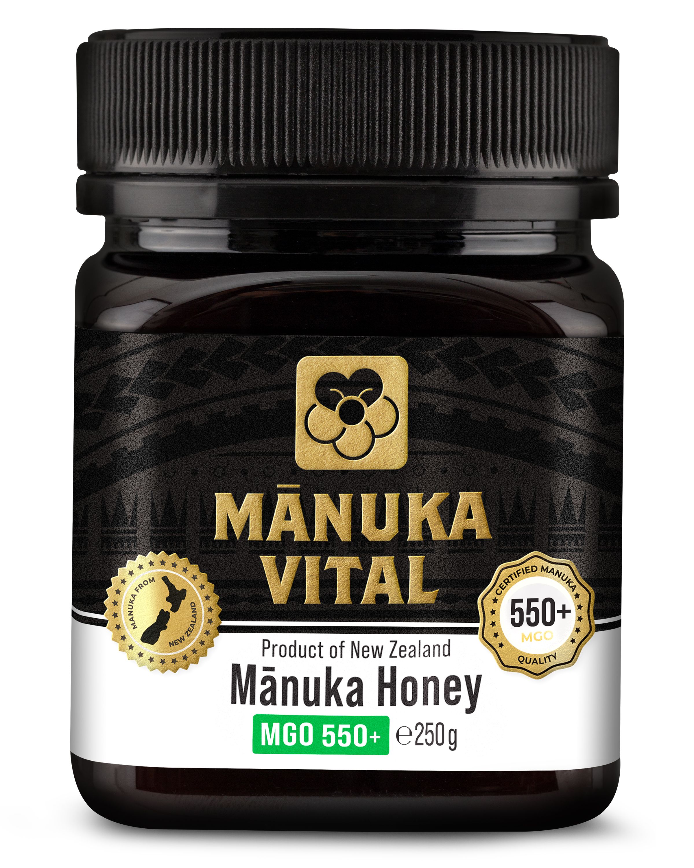 Schwarzes Glas mit Manuka Vital Honig. Goldener Deckel. Text: Mānuka Vital, MGO 550+, Produkt aus Neuseeland.