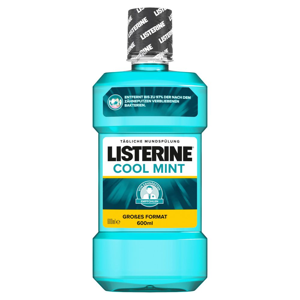 Hellblaue Flasche mit schwarzem Deckel. Aufschrift: Listerine Cool Mint. Großes Format. 600ml.