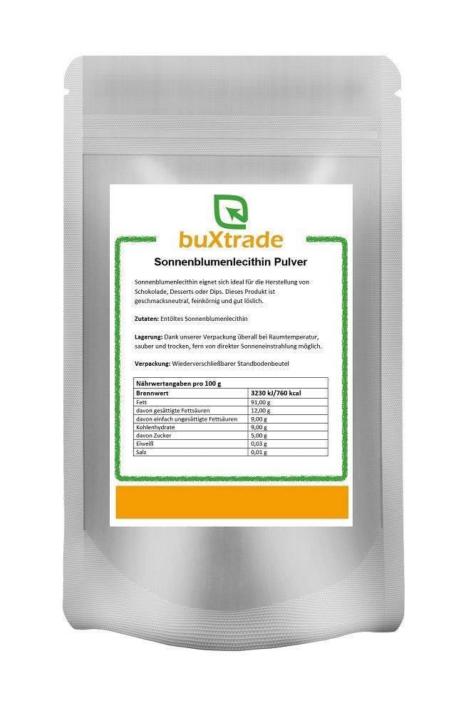 Verpackung mit Etikett. Text: buXtrade Sonnenblumenlecithin Pulver. Nährwertangaben.