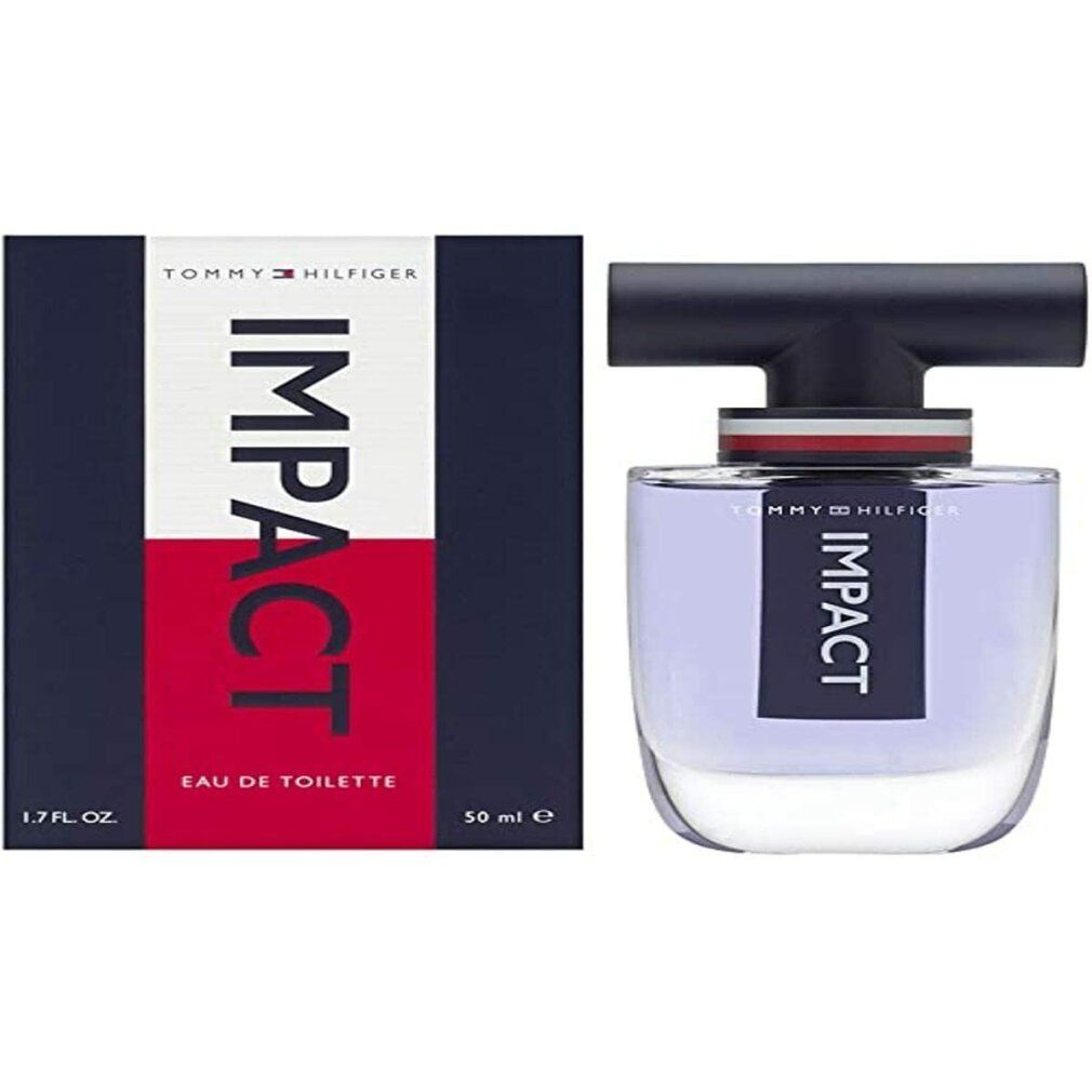 Glasflakon mit lila Duft und schwarzem Verschluss. Daneben die Verpackung mit "IMPACT"-Schriftzug und "EAU DE TOILETTE".