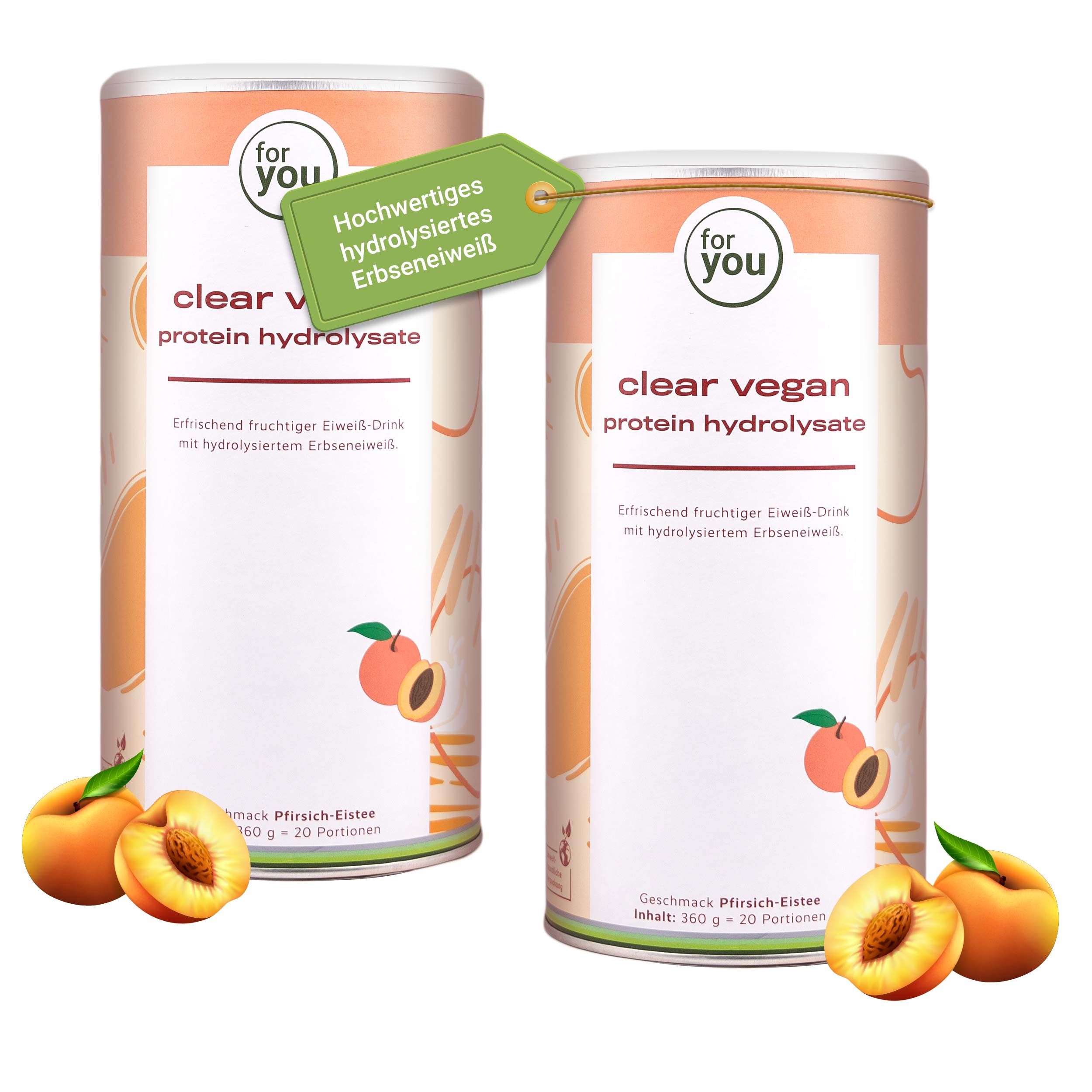 Zwei Dosen, Pfirsiche. Text: Clear Vegan Protein Hydrolysate, erfrischender Geschmack, 20 Portionen.