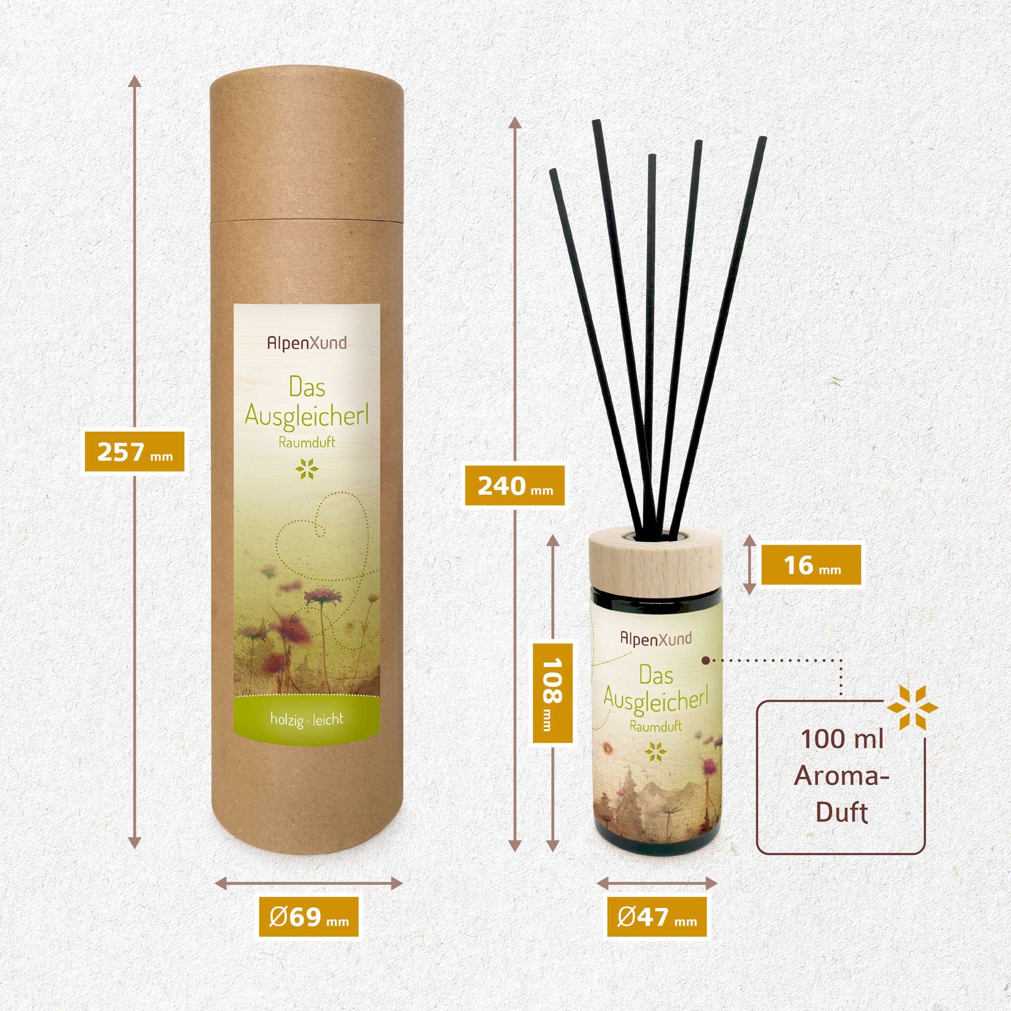 Raumduft-Diffusor mit Holzdeckel und schwarzen Stäbchen. Braune Pappverpackung. Maße: 257x69mm, 240x47mm, 108x16mm. Aufschrift: AlpenXund, Das Ausgleicherl.