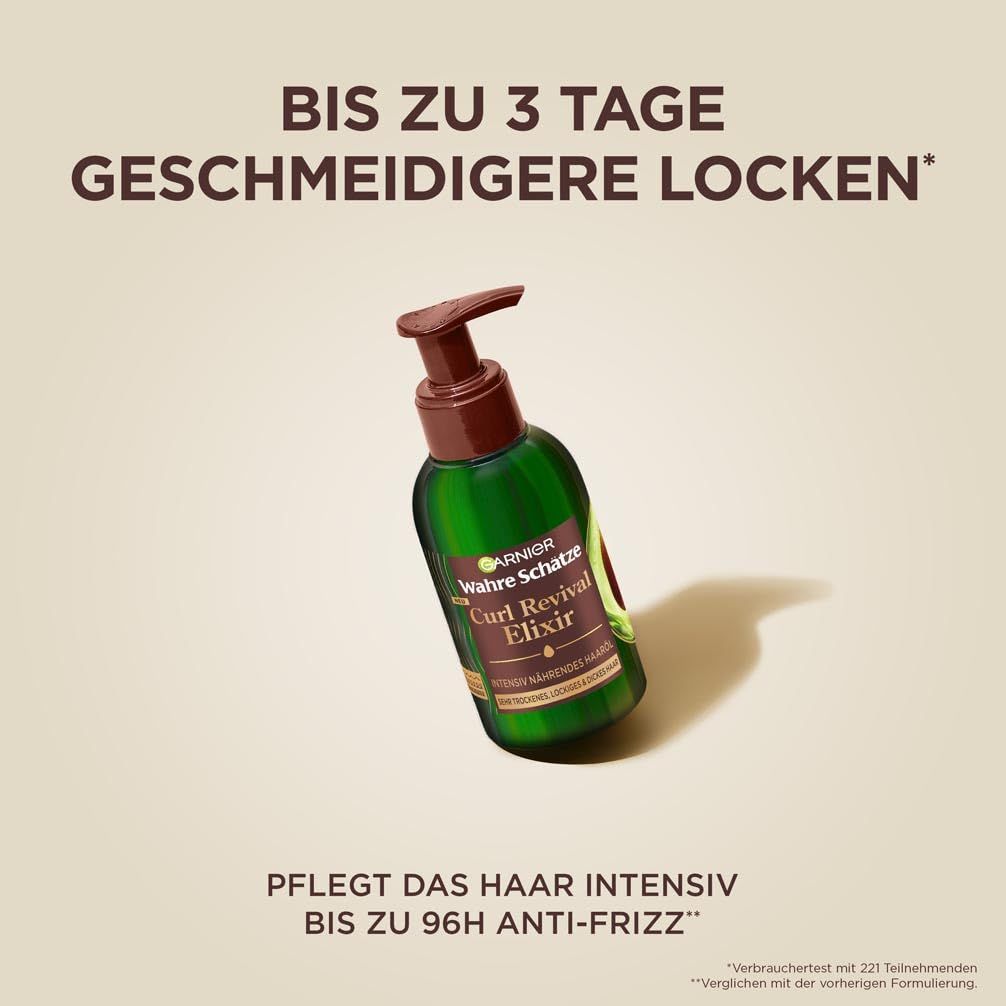 Produktflasche mit Pumpkopf, leicht schräg. Text: Bis zu 3 Tage geschmeidigere Locken. Pflegt das Haar intensiv bis zu 96h Anti-Frizz.