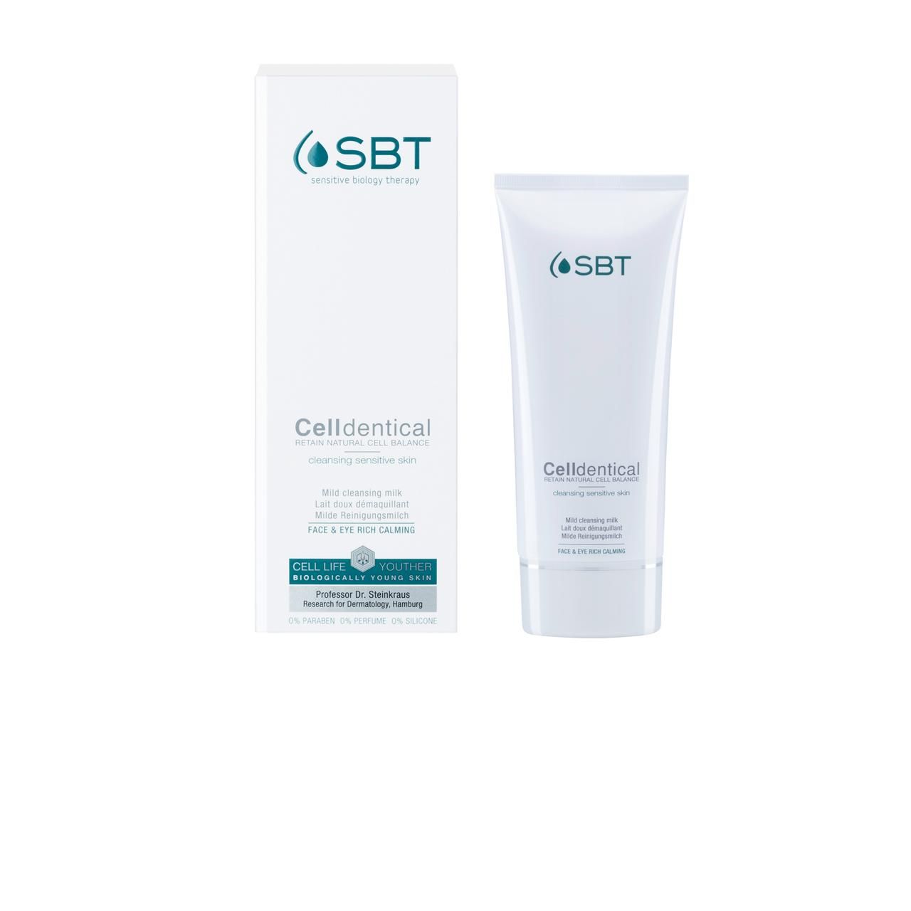 Weiße Tube und Schachtel mit SBT-Logo. Auf der Tube: CELLDENTICAL. Auf der Schachtel: CELLDENTICAL, milde Reinigungsmilch.
