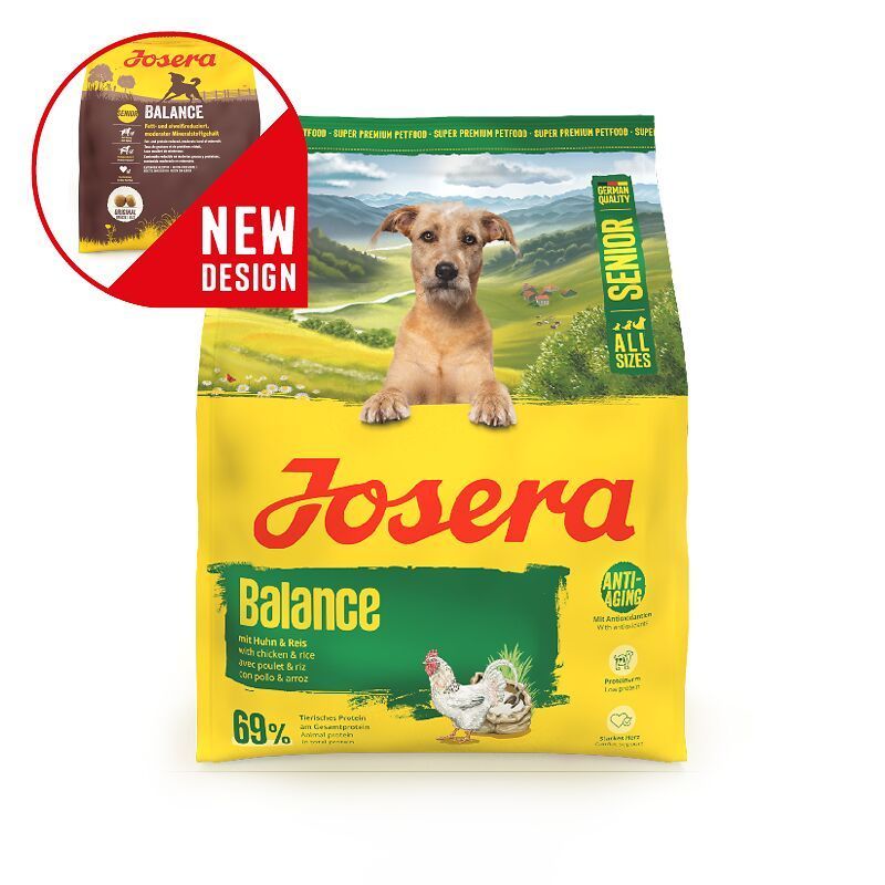 Josera Balance Senior Hundefutter-Sack mit Welpenbild, Hinweis auf neues Design und Informationen zu Anti-Aging.
