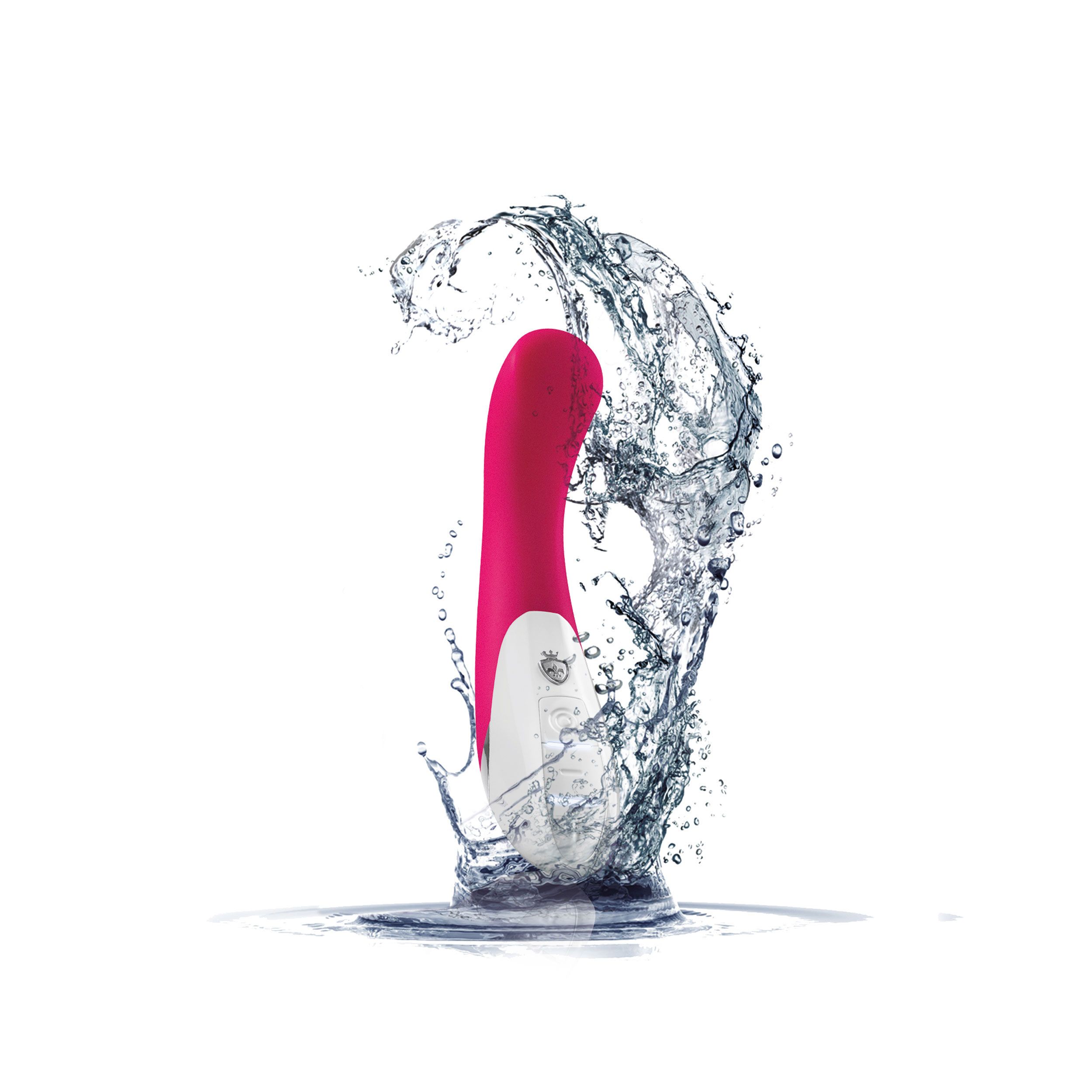 Pinkfarbener Vibrator im Wasser. Wasser spritzt um das Produkt herum. Weißer Griff.