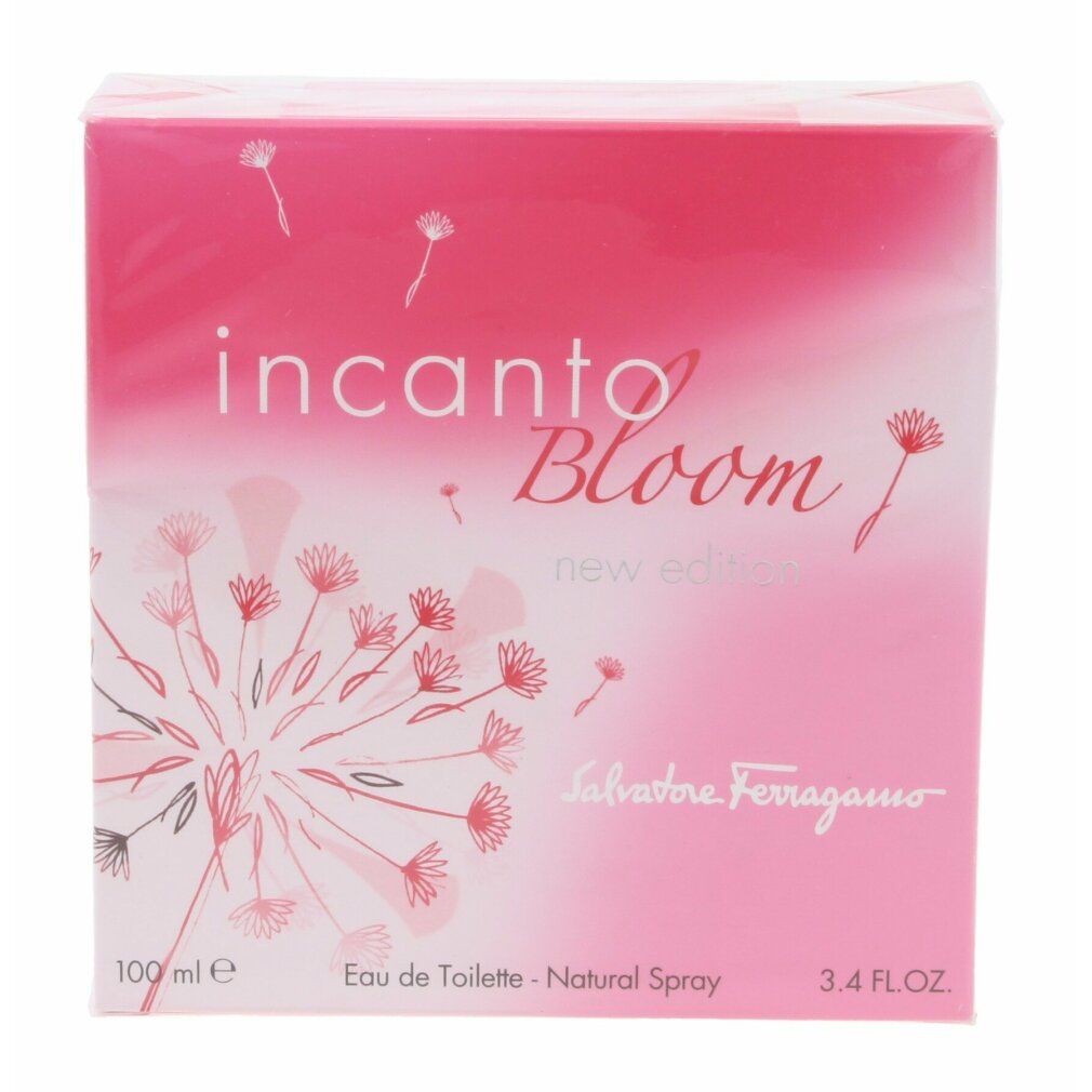 Quadratische, rosa Verpackung mit 'Incanto Bloom' Schriftzug und floralem Design. 'Salvatore Ferragamo' ist ebenfalls sichtbar.