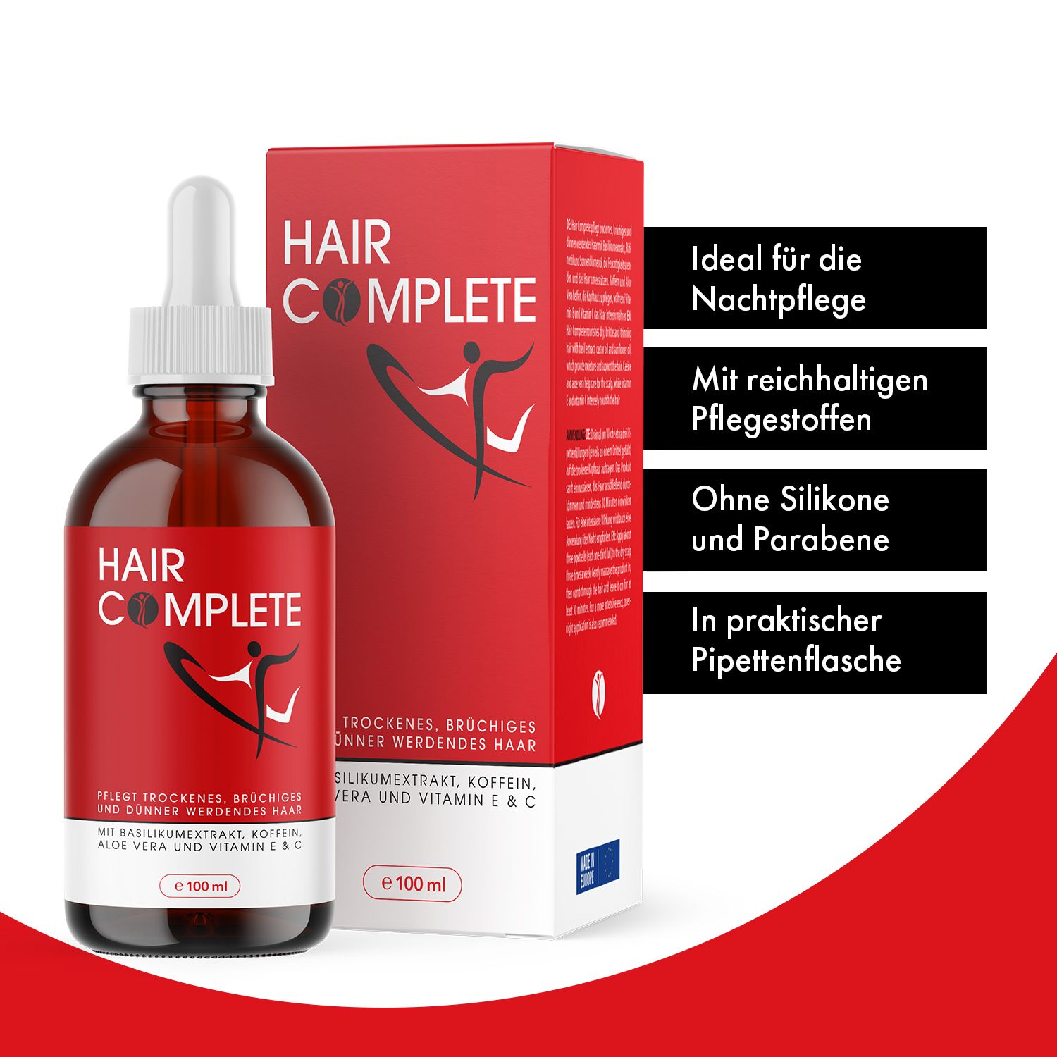 Braune Glasflasche und rote Schachtel mit Text. Aufschrift: HAIR COMPLETE. Enthält Basilikumextrakt, Koffein, Aloe Vera und Vitamin E & C. 