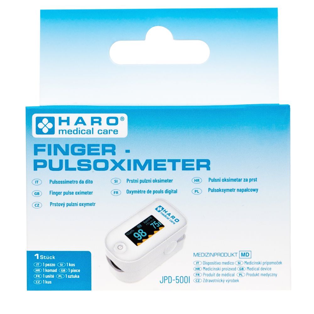Verpackung mit Finger-Pulsoximeter. Weißes Gerät mit Display, zeigt Werte an. Marke: HARO medical care.