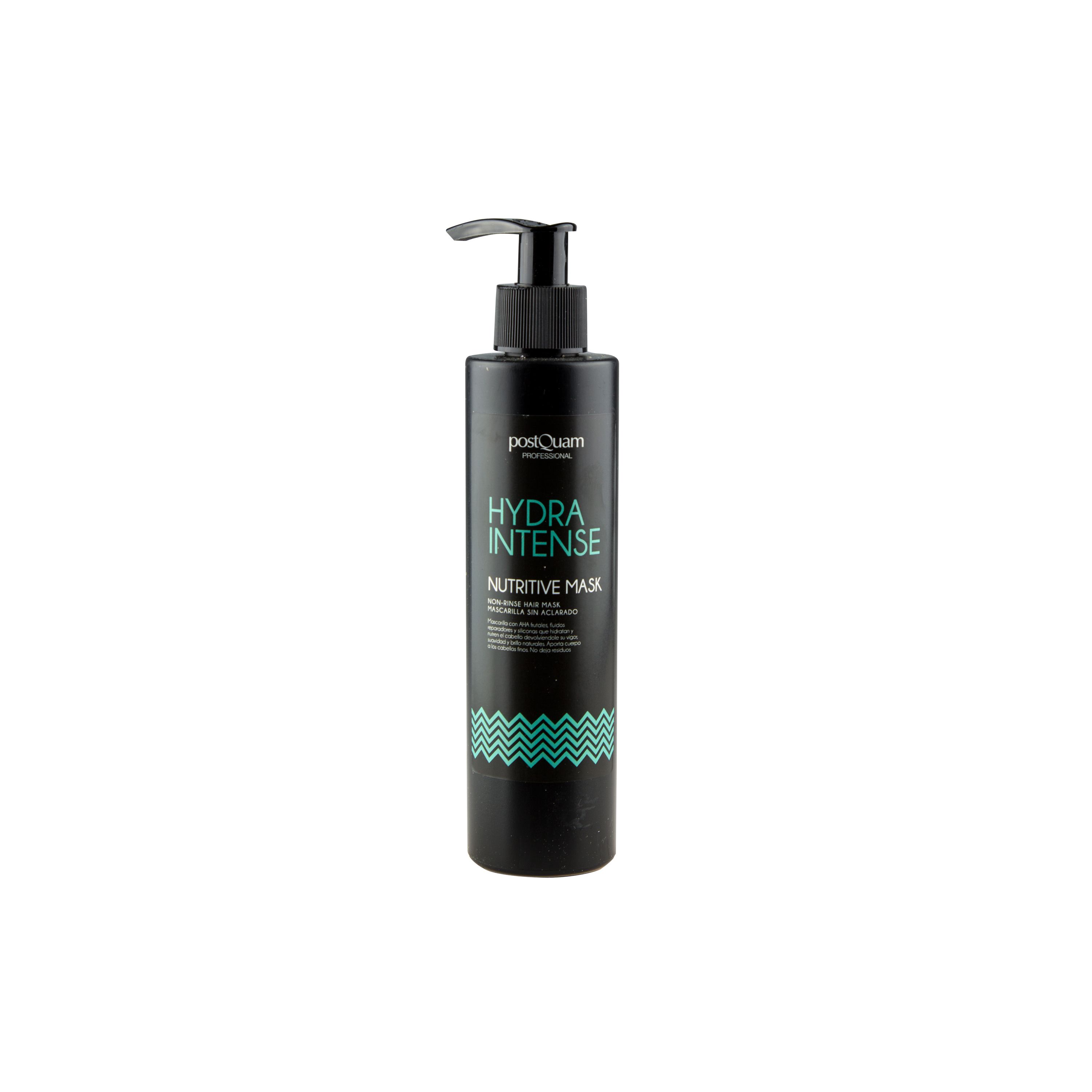 Schwarze Flasche mit Pumpe. Aufschrift: Hydra Intense Nutritive Mask. Grüne Wellenmuster.