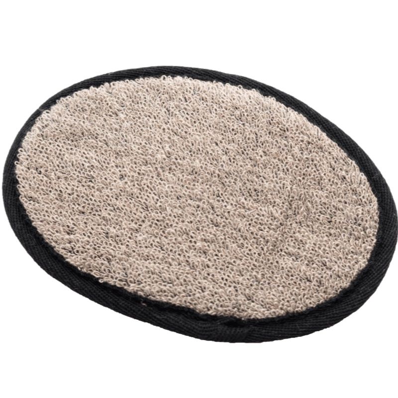 Ovaler Dusch- und Badehandschuh. Beige Oberfläche mit schwarzem Rand. Textilmaterial.